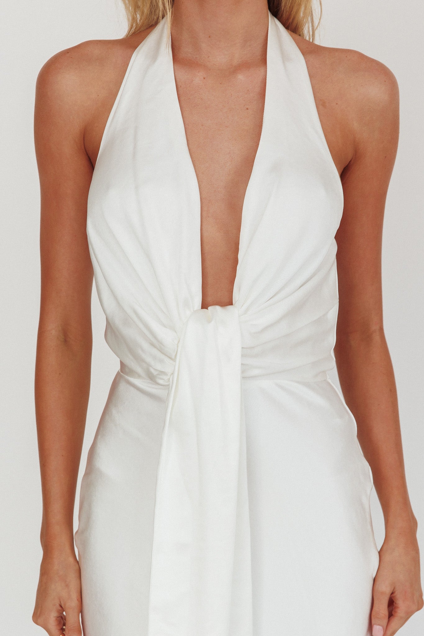 Make Believe Plunging Halterneck Maxi Dress Oyster-Maymioy