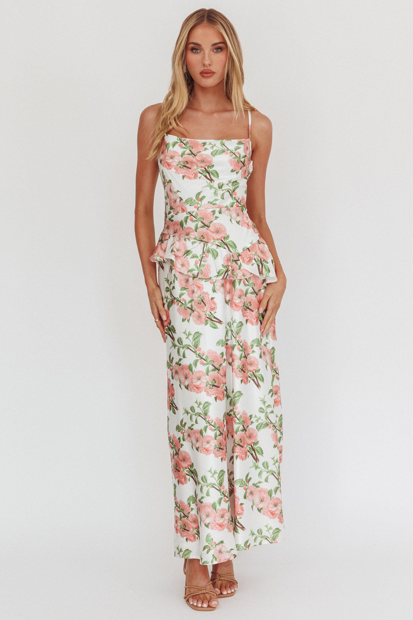 Jerica Ruffle Waist Maxi Dress Floral Blush-Maymioy