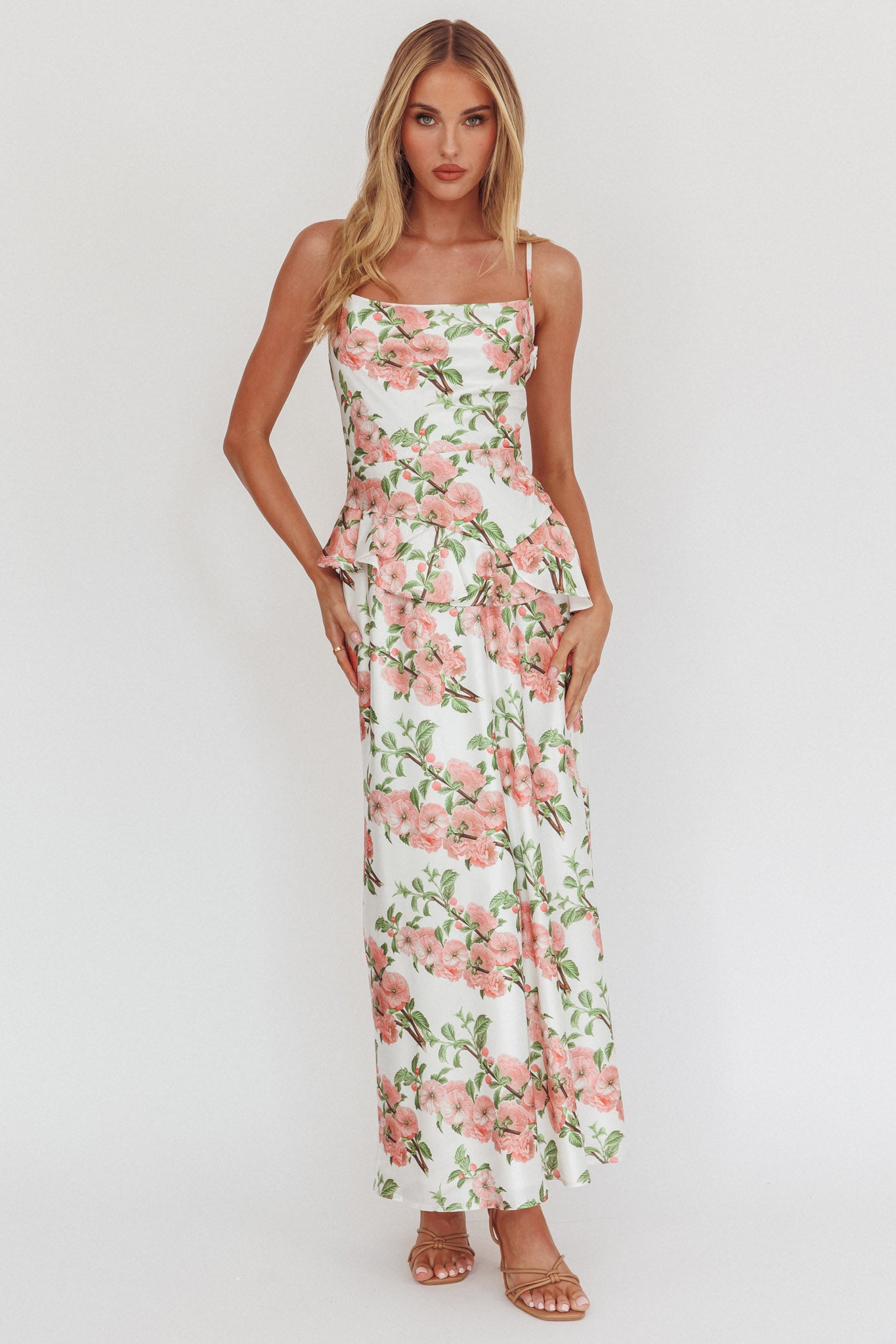 Jerica Ruffle Waist Maxi Dress Floral Blush-Maymioy
