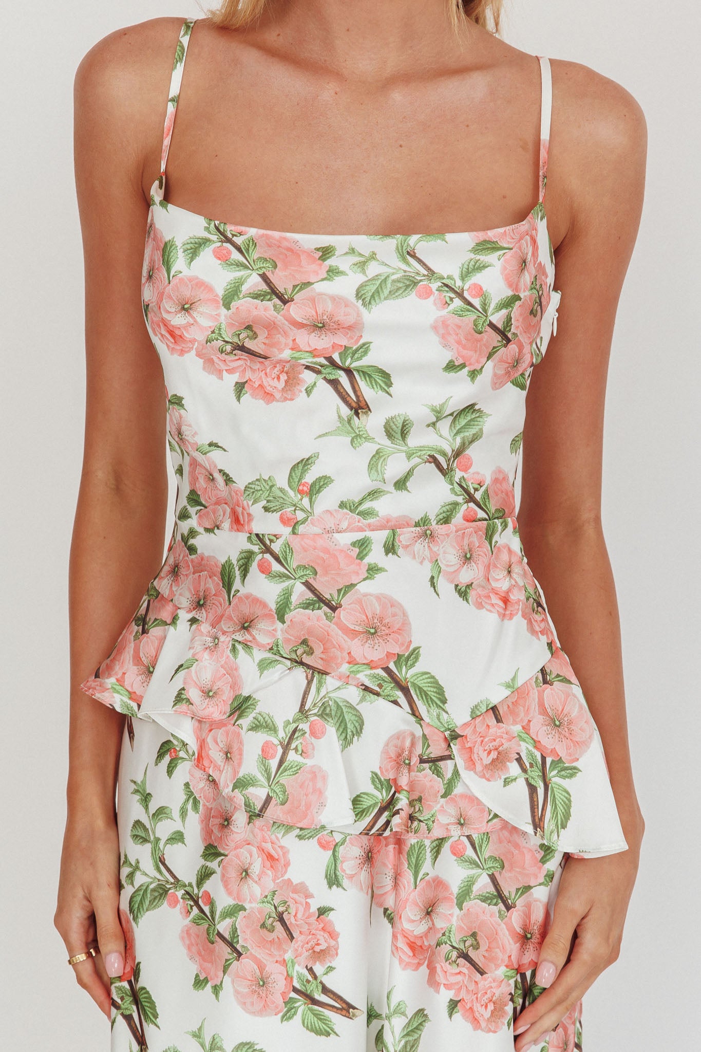 Jerica Ruffle Waist Maxi Dress Floral Blush-Maymioy