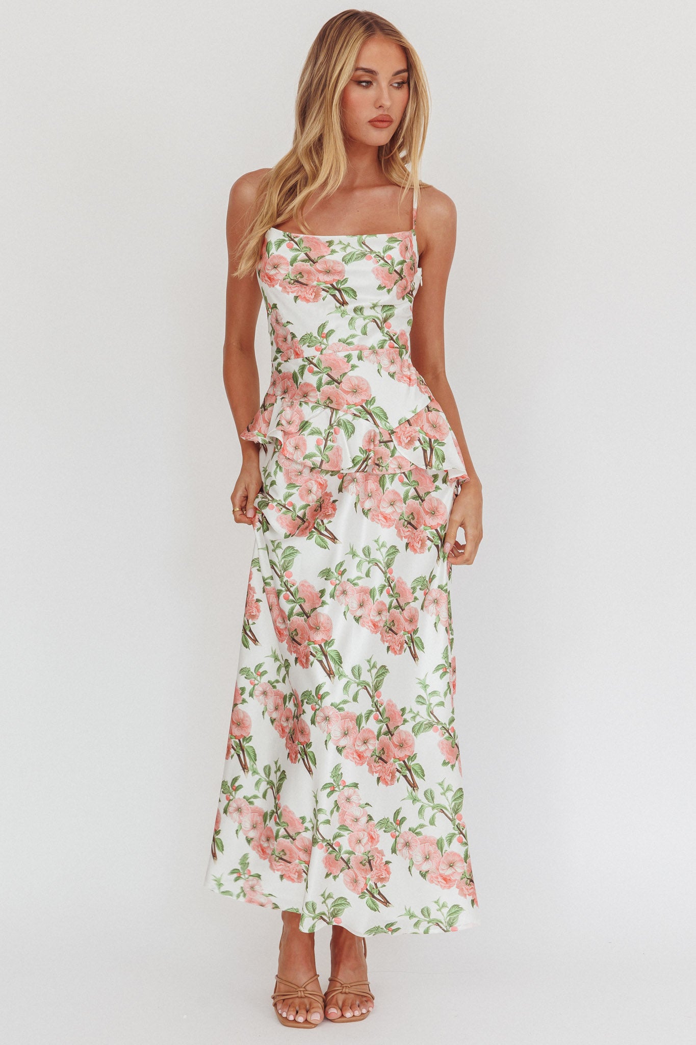Jerica Ruffle Waist Maxi Dress Floral Blush-Maymioy