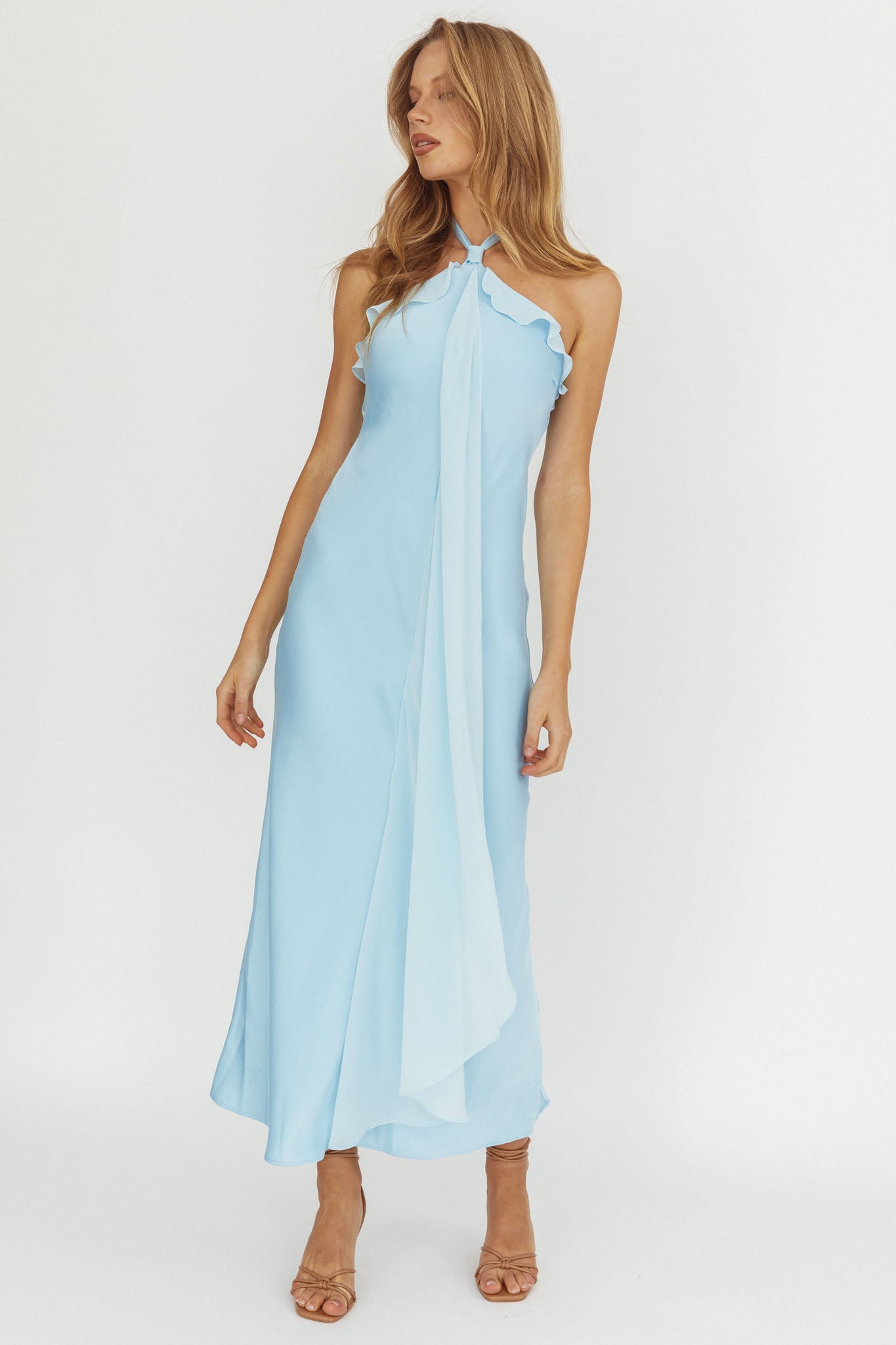 Starlet Halterneck Sash Maxi Dress Baby Blue-Maymioy