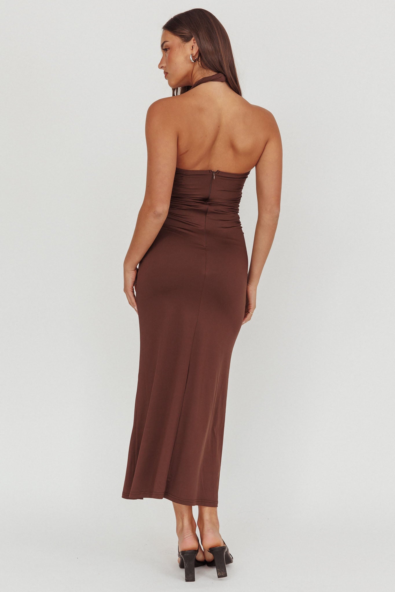 Mixed Feelings Ruched Bodice Halter Maxi Dress Chocolate-Maymioy