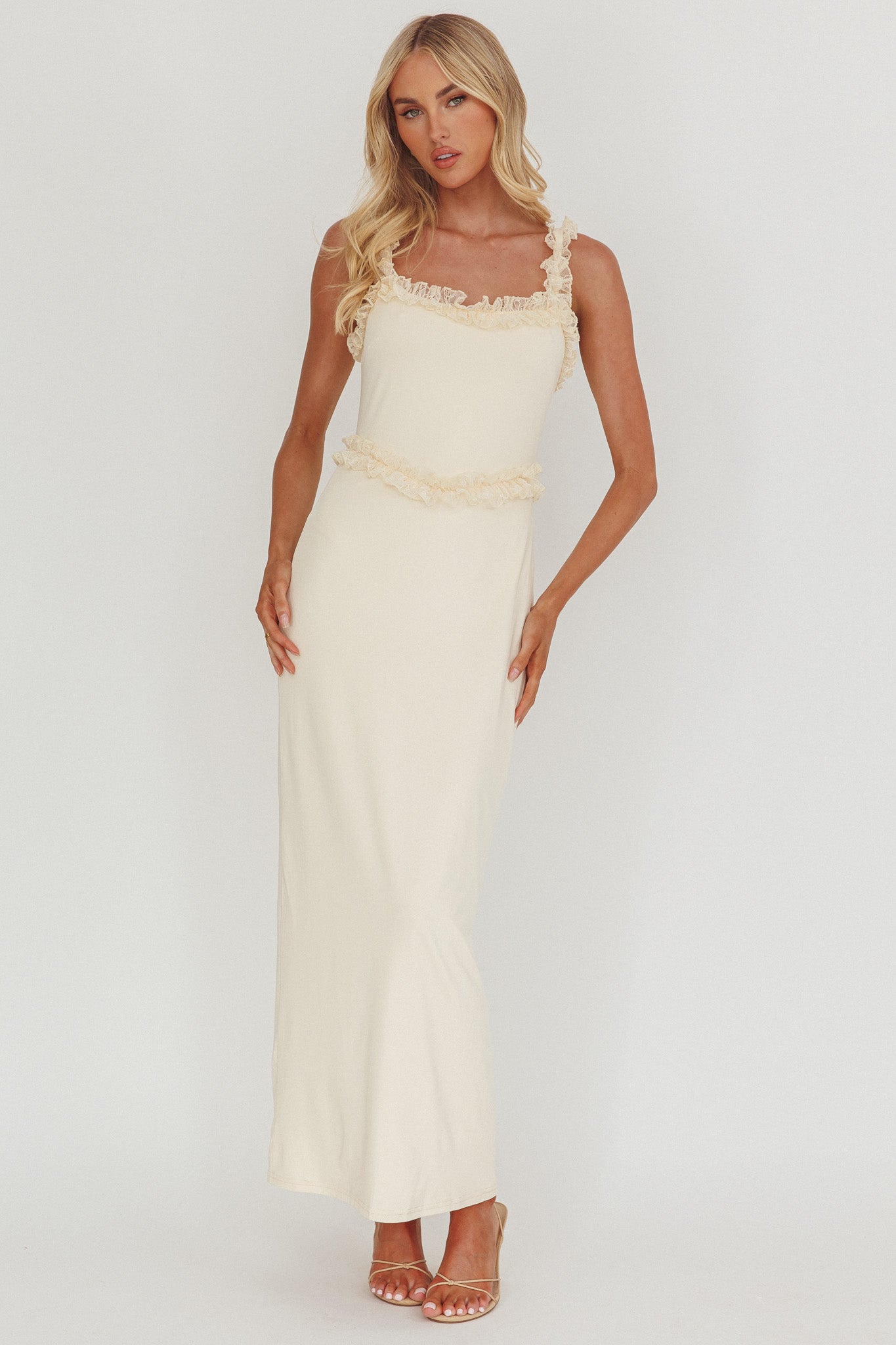 Olivera Lace Frill Trim Maxi Dress Cream-Maymioy
