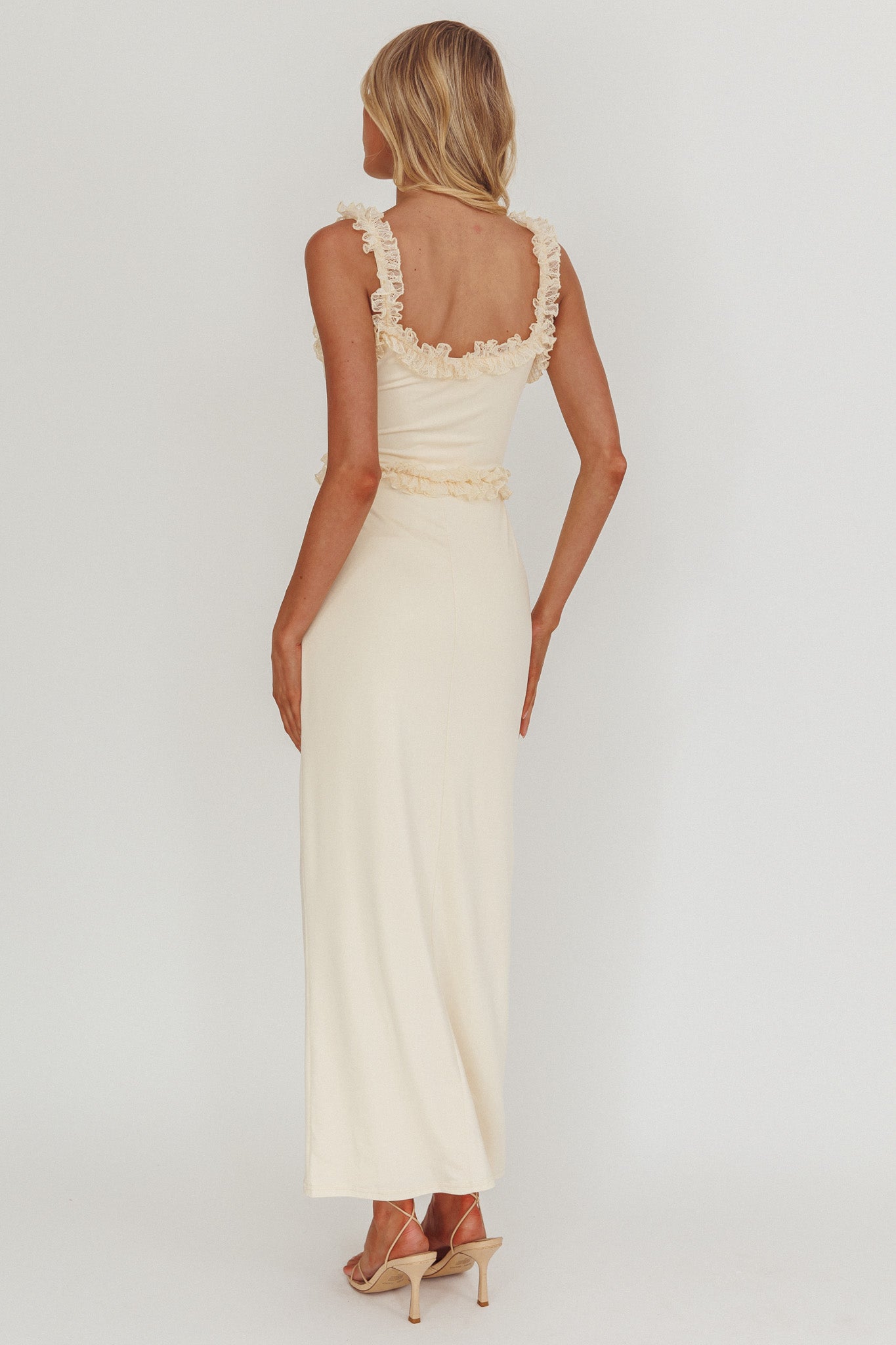 Olivera Lace Frill Trim Maxi Dress Cream-Maymioy