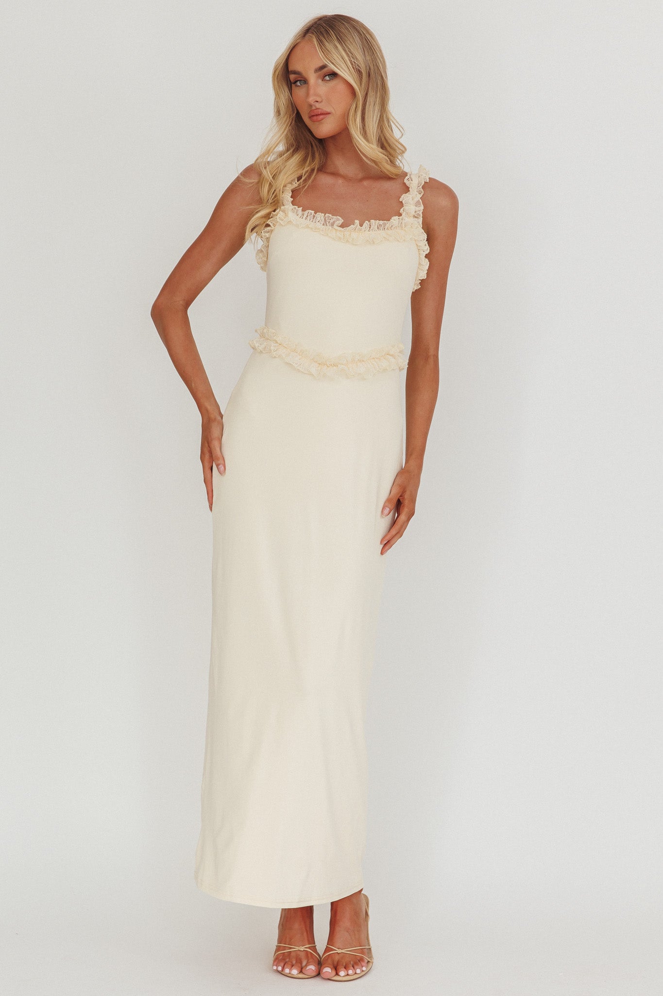 Olivera Lace Frill Trim Maxi Dress Cream-Maymioy