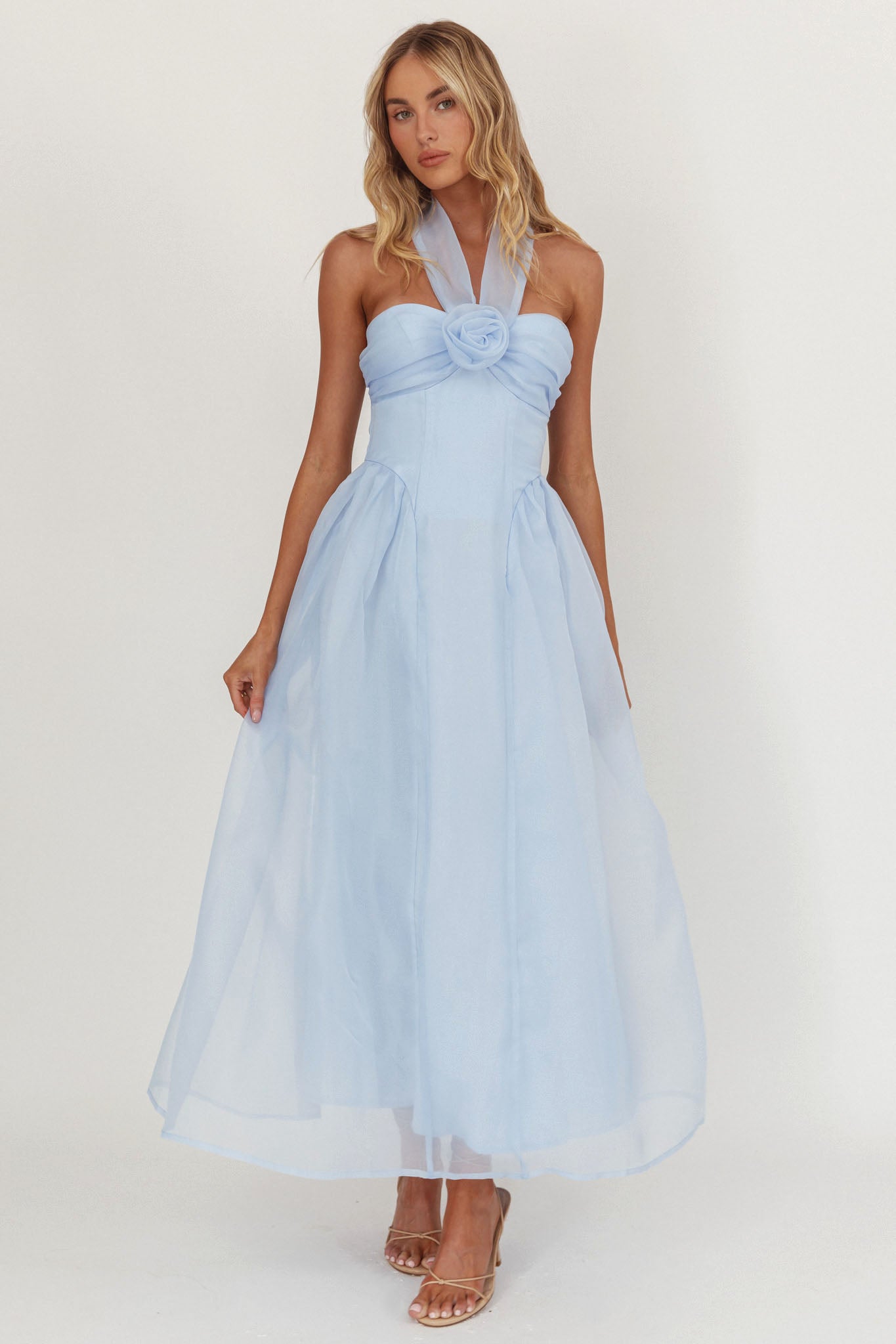 Elvera Rose Bust Halter Midi Dress Blue-Maymioy