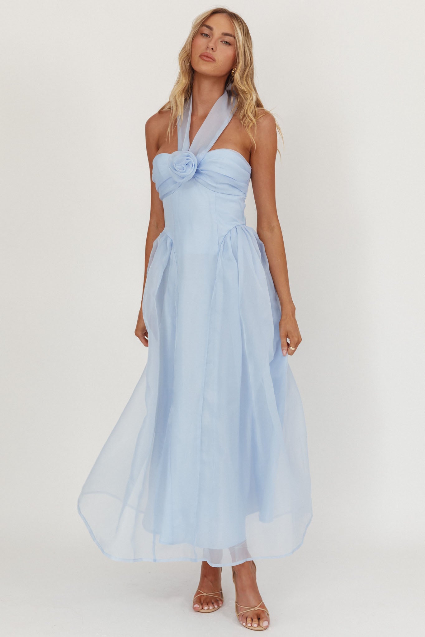 Elvera Rose Bust Halter Midi Dress Blue-Maymioy