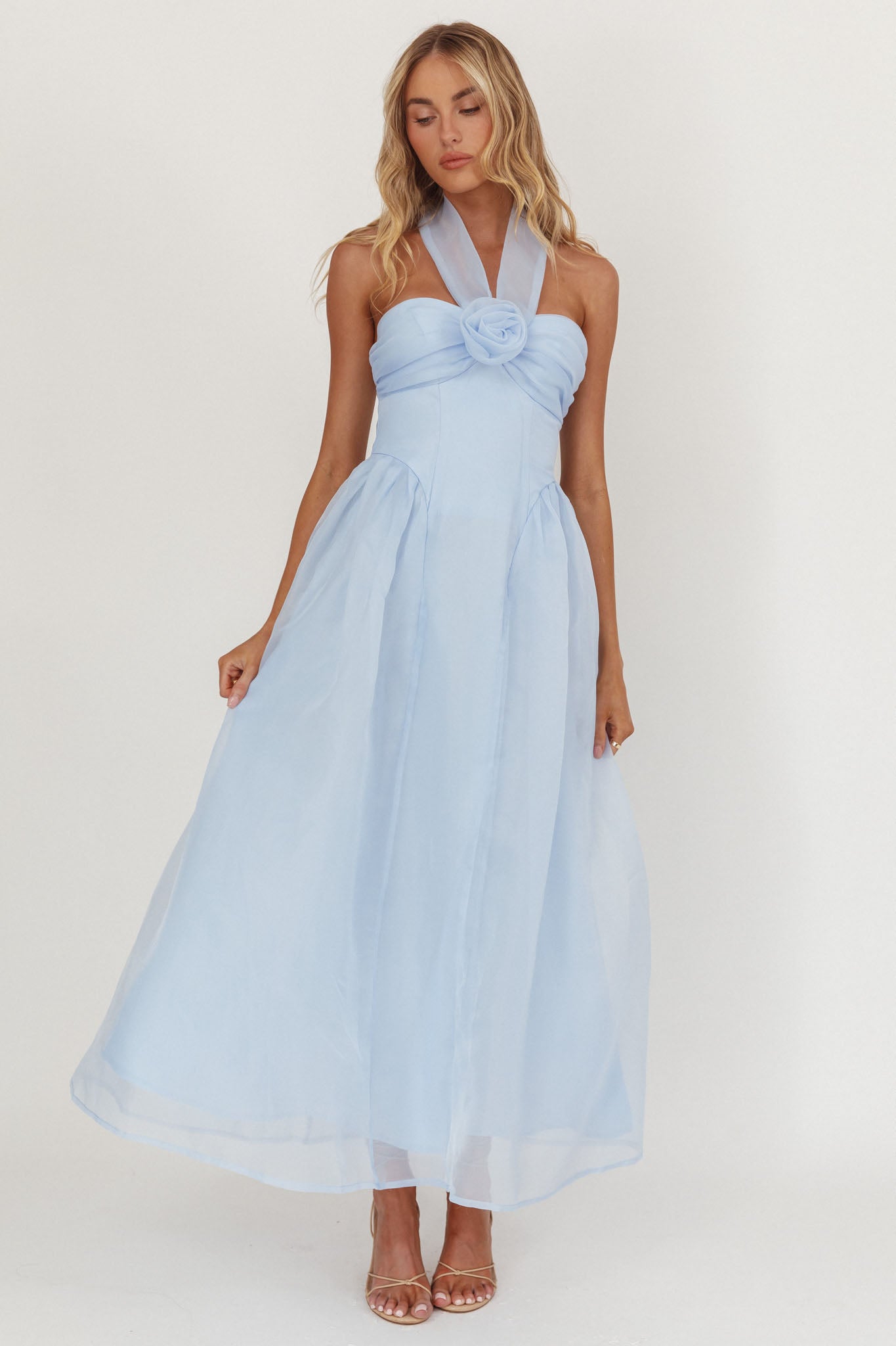 Elvera Rose Bust Halter Midi Dress Blue-Maymioy