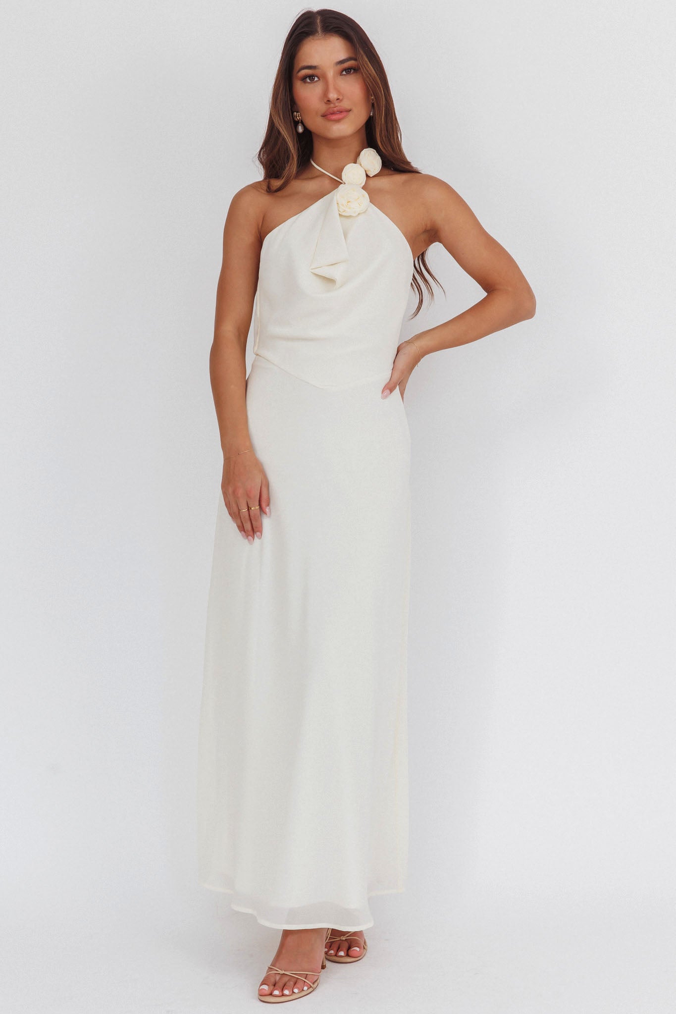 Petronilla Rosette Halterneck Maxi Dress Eggshell-Maymioy