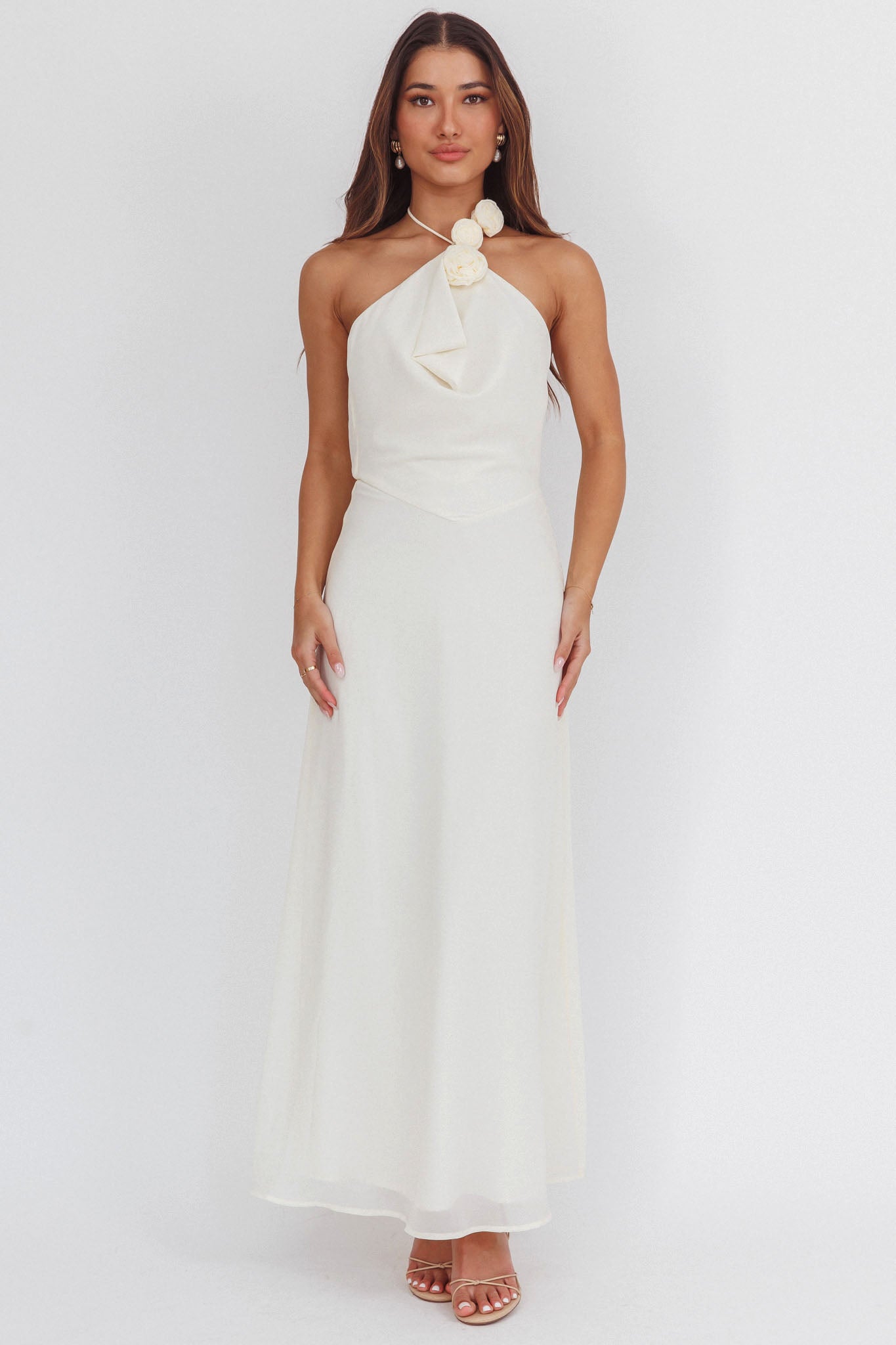 Petronilla Rosette Halterneck Maxi Dress Eggshell-Maymioy