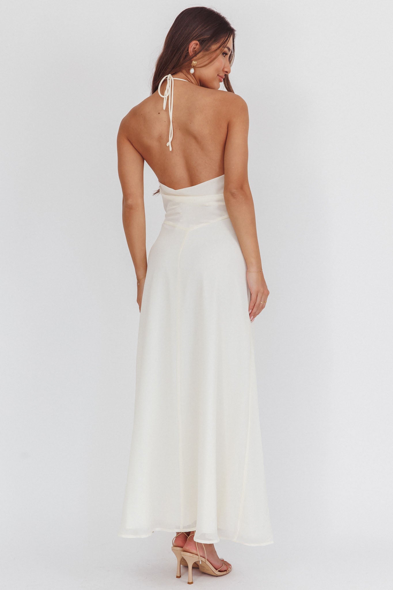 Petronilla Rosette Halterneck Maxi Dress Eggshell-Maymioy