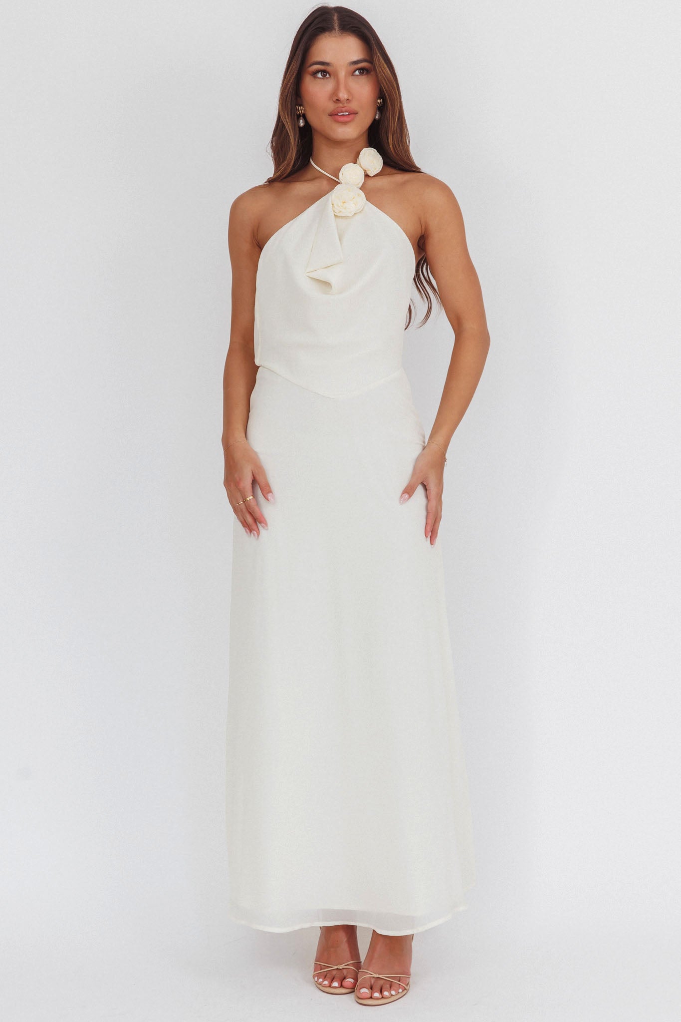 Petronilla Rosette Halterneck Maxi Dress Eggshell-Maymioy