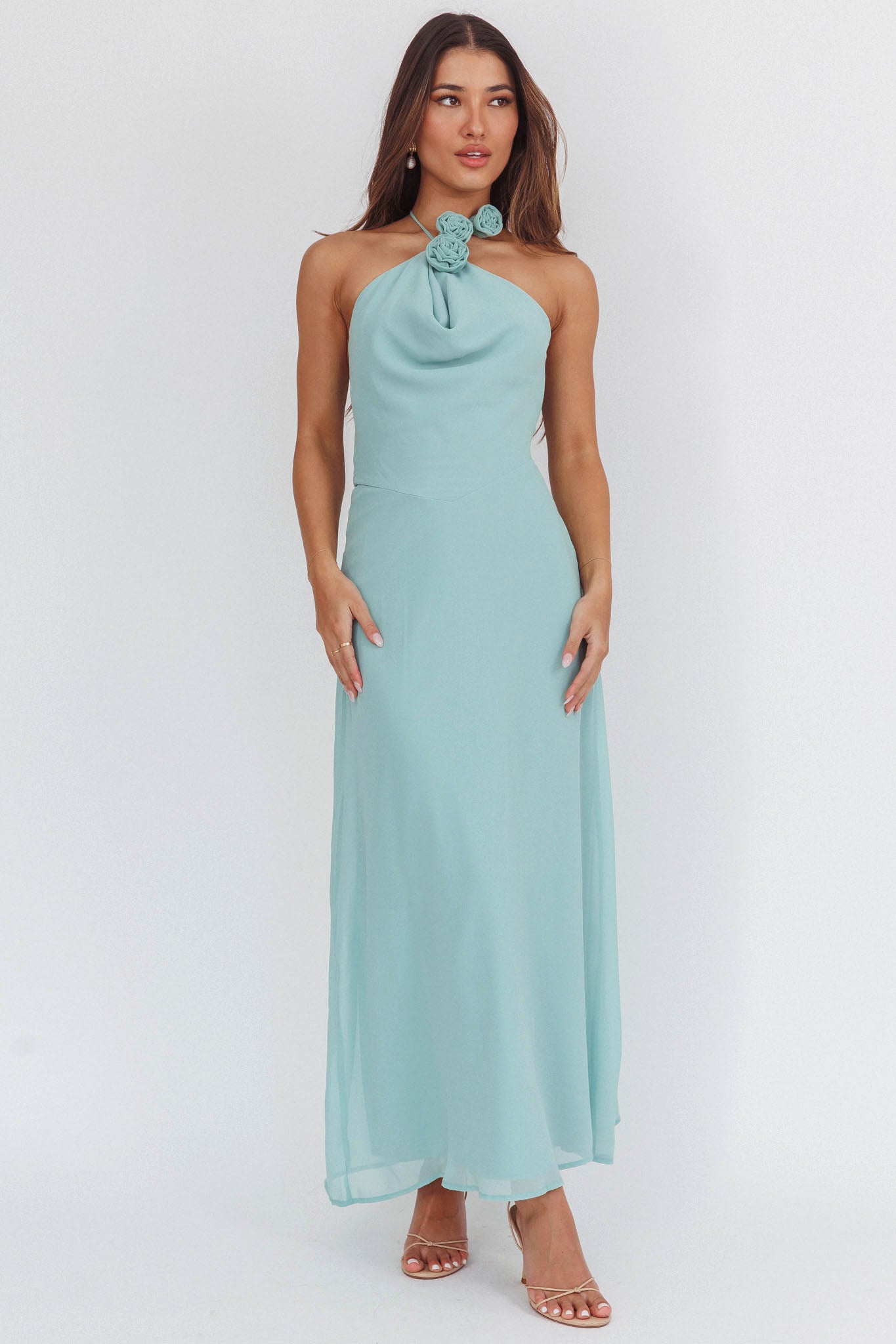 Petronilla Rosette Halterneck Maxi Dress Sage-Maymioy