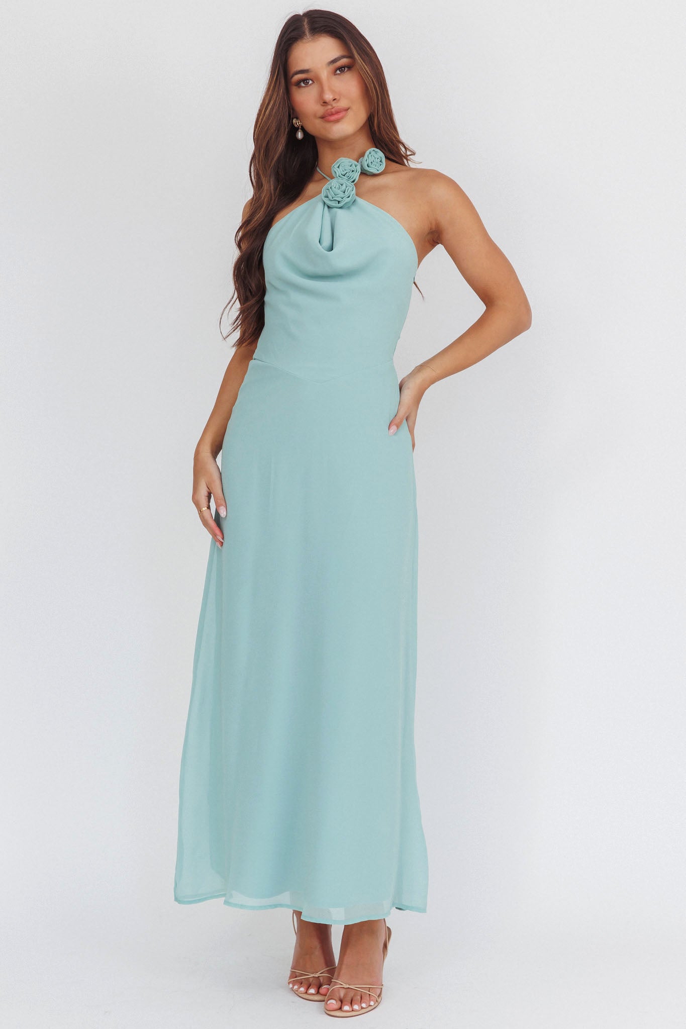 Petronilla Rosette Halterneck Maxi Dress Sage-Maymioy