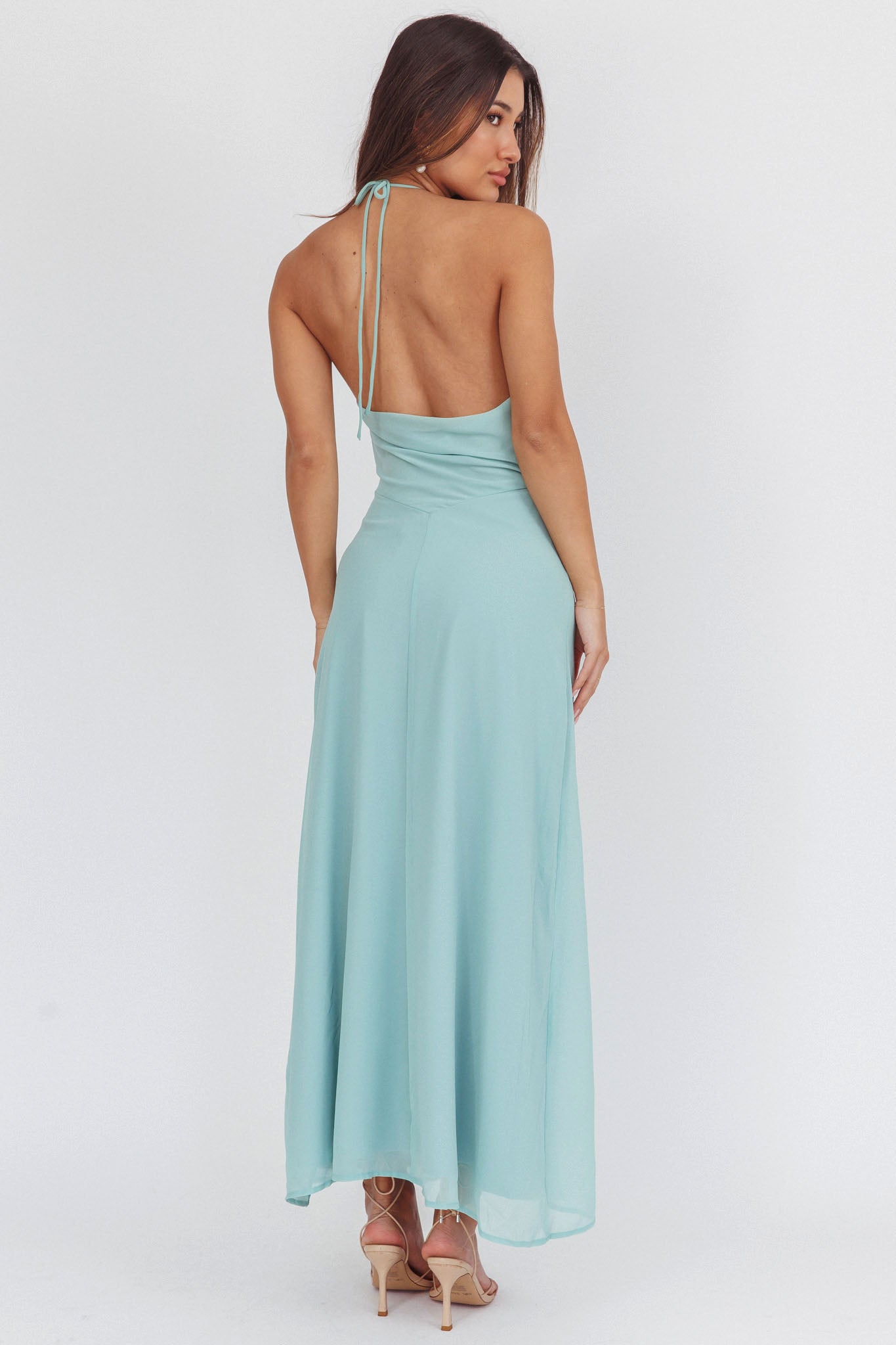 Petronilla Rosette Halterneck Maxi Dress Sage-Maymioy