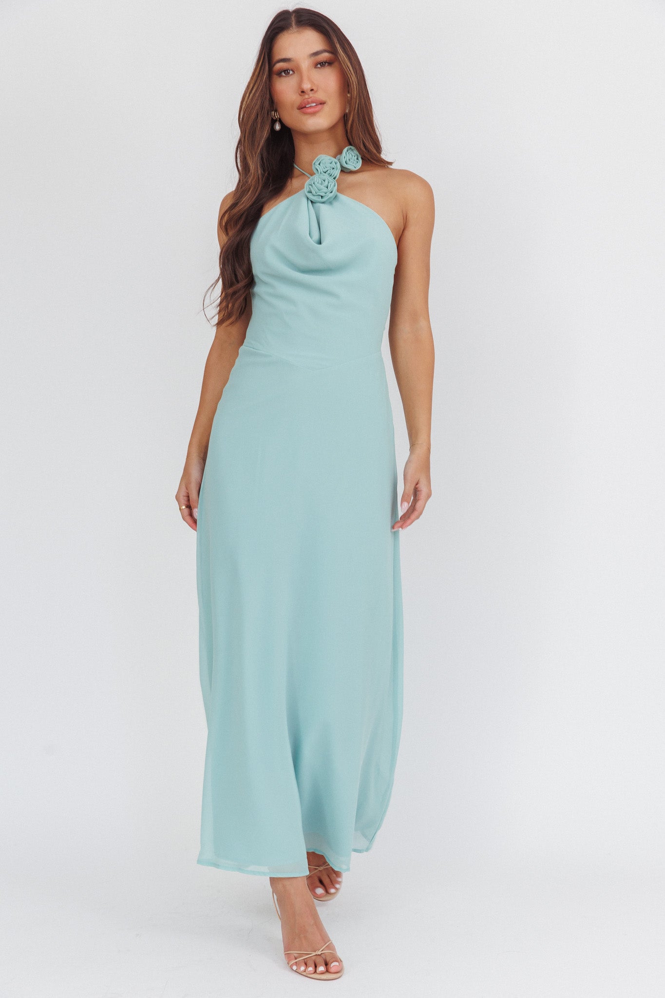 Petronilla Rosette Halterneck Maxi Dress Sage-Maymioy