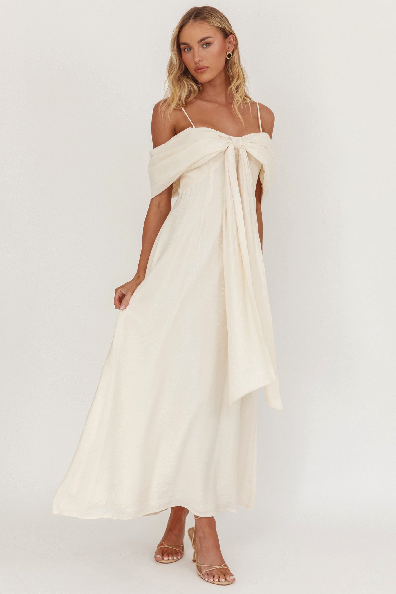 Lillibet Bow Tied Bust Midi Dress Cream-Maymioy