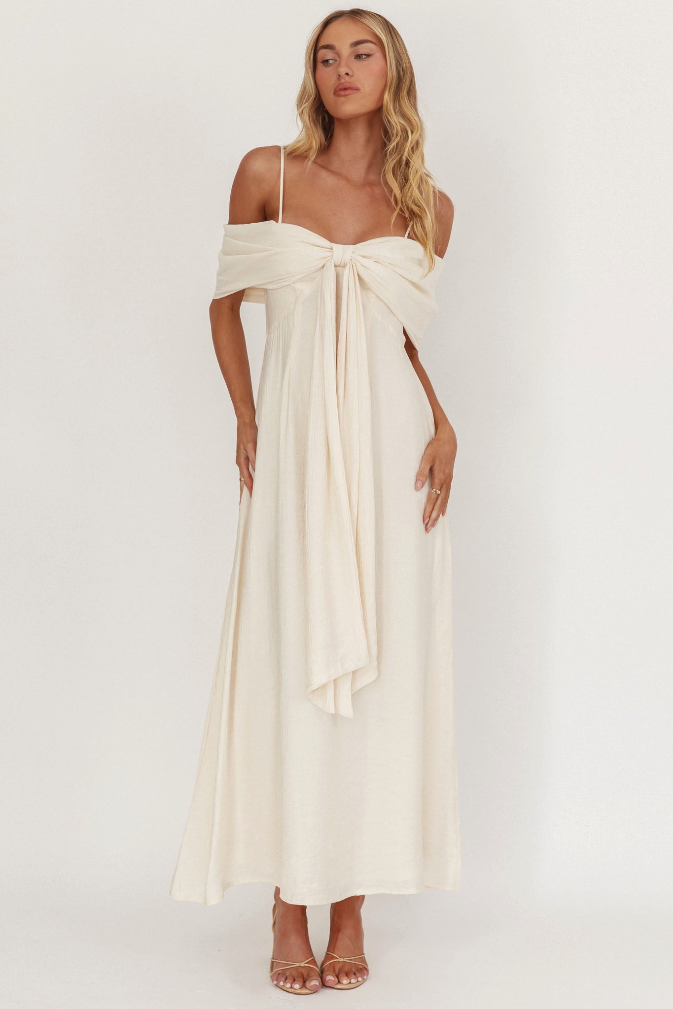 Lillibet Bow Tied Bust Midi Dress Cream-Maymioy