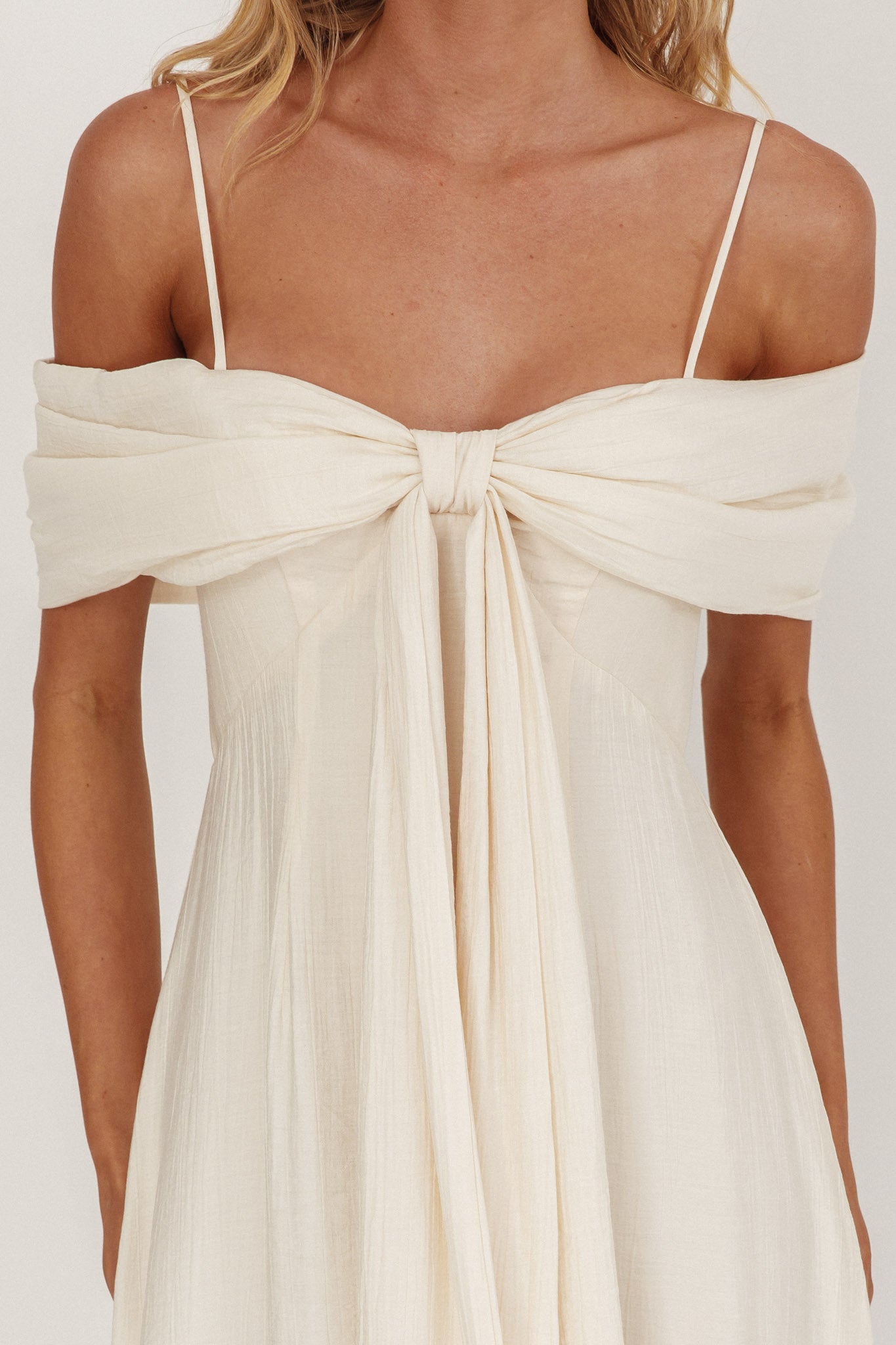 Lillibet Bow Tied Bust Midi Dress Cream-Maymioy