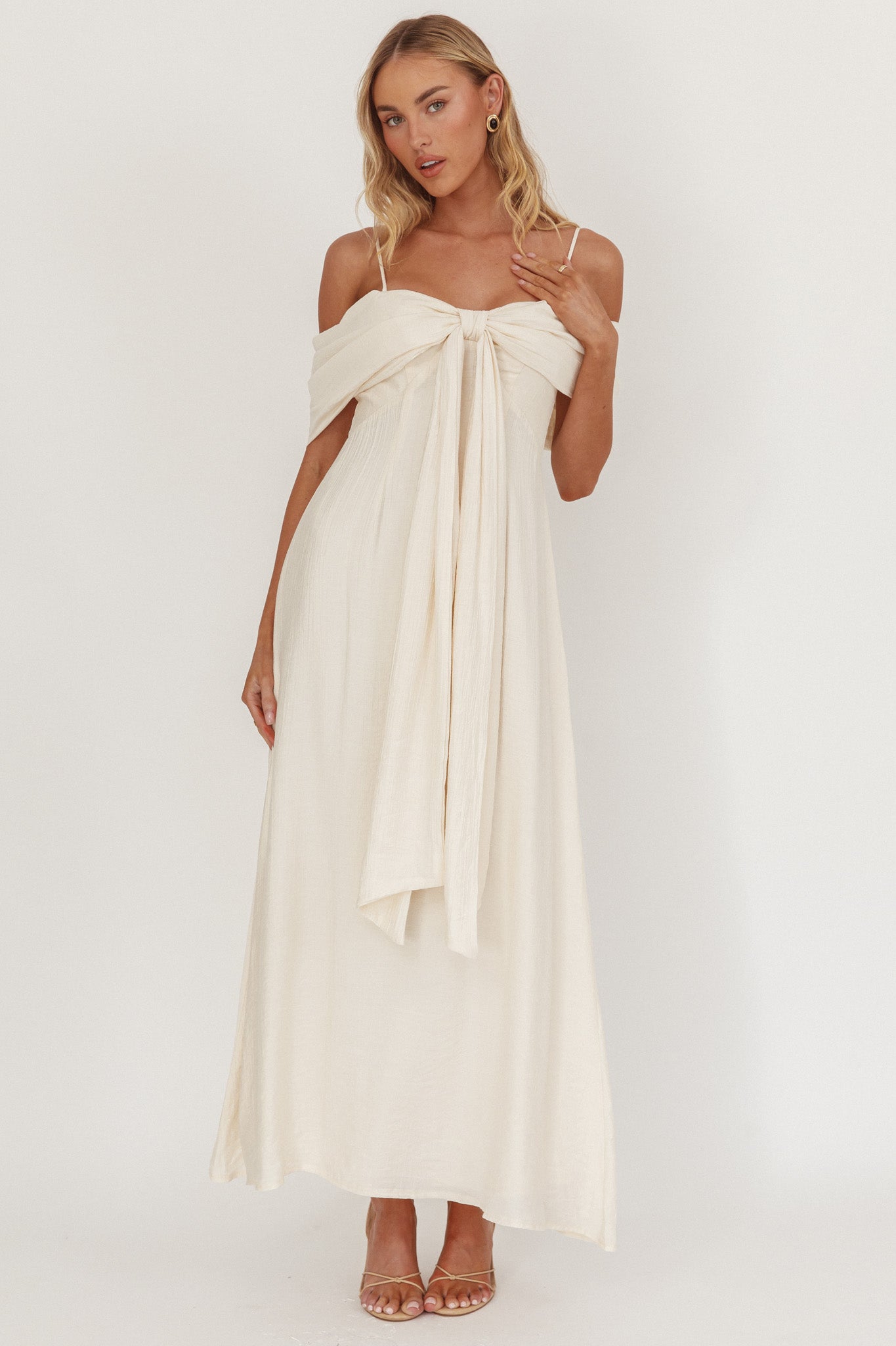 Lillibet Bow Tied Bust Midi Dress Cream-Maymioy