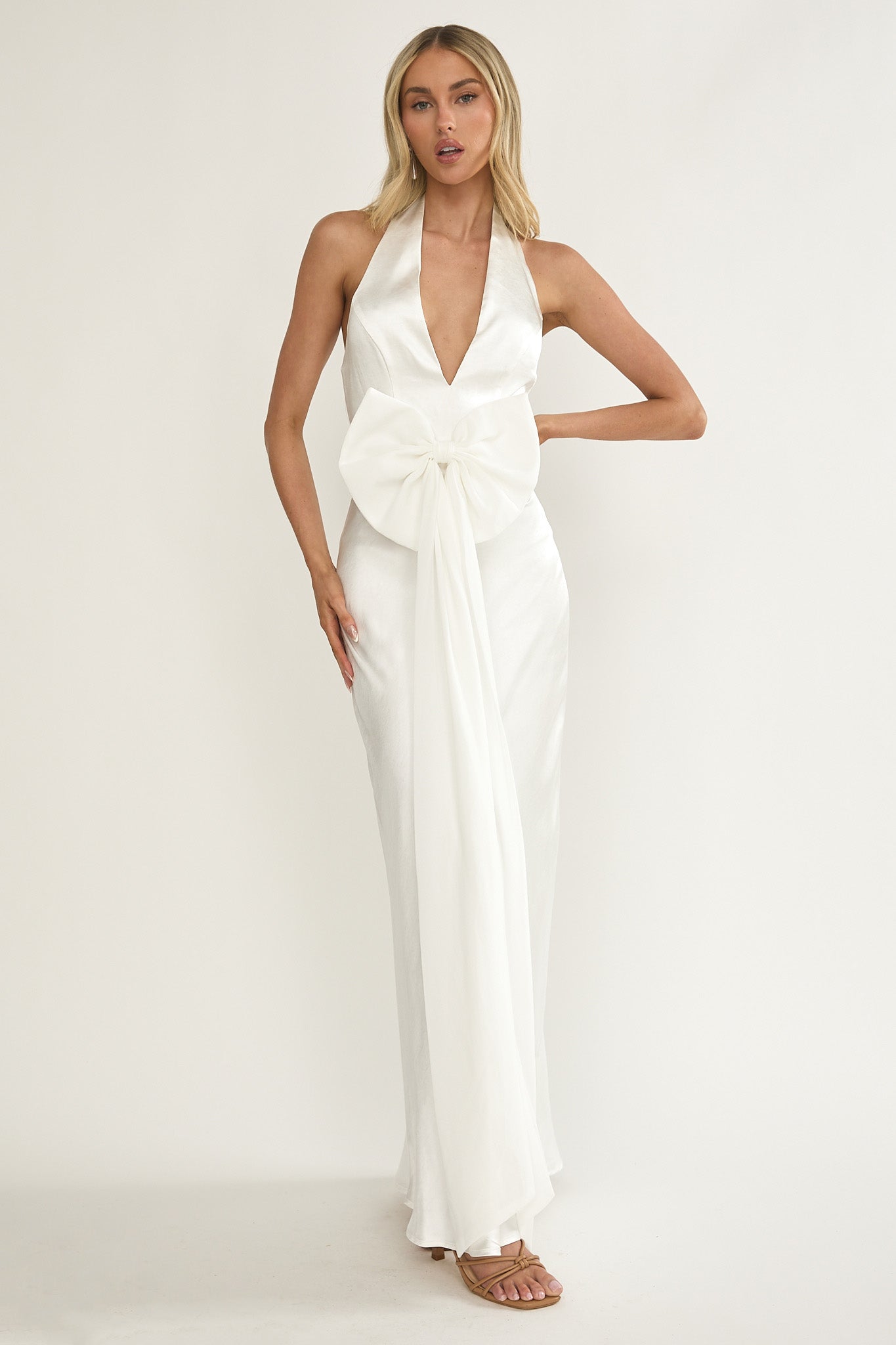 Ophelina Oversized Bow Halter Dress White-Maymioy