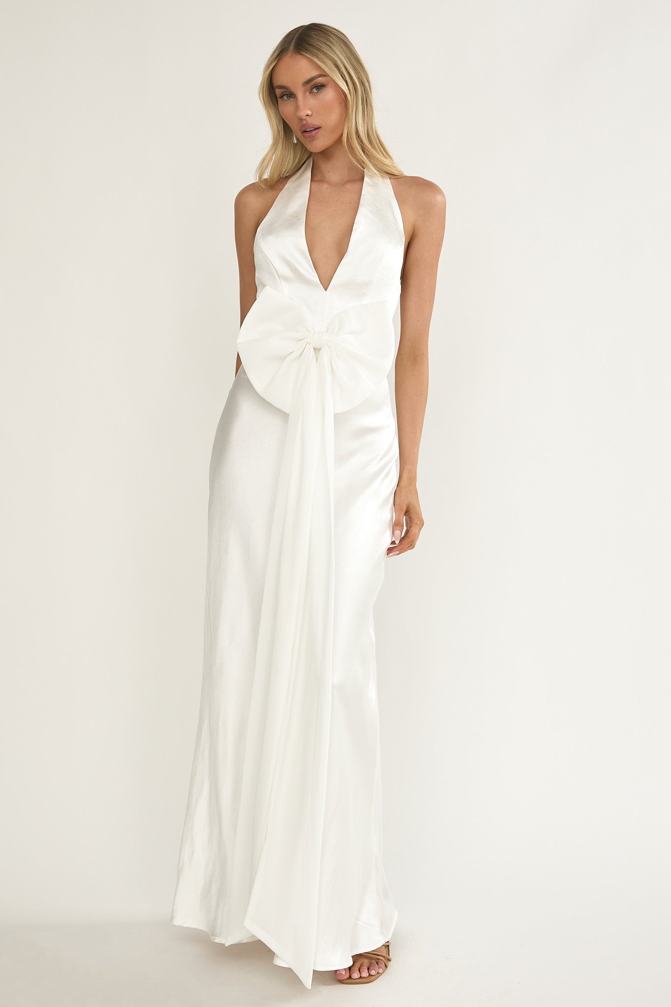 Ophelina Oversized Bow Halter Dress White-Maymioy