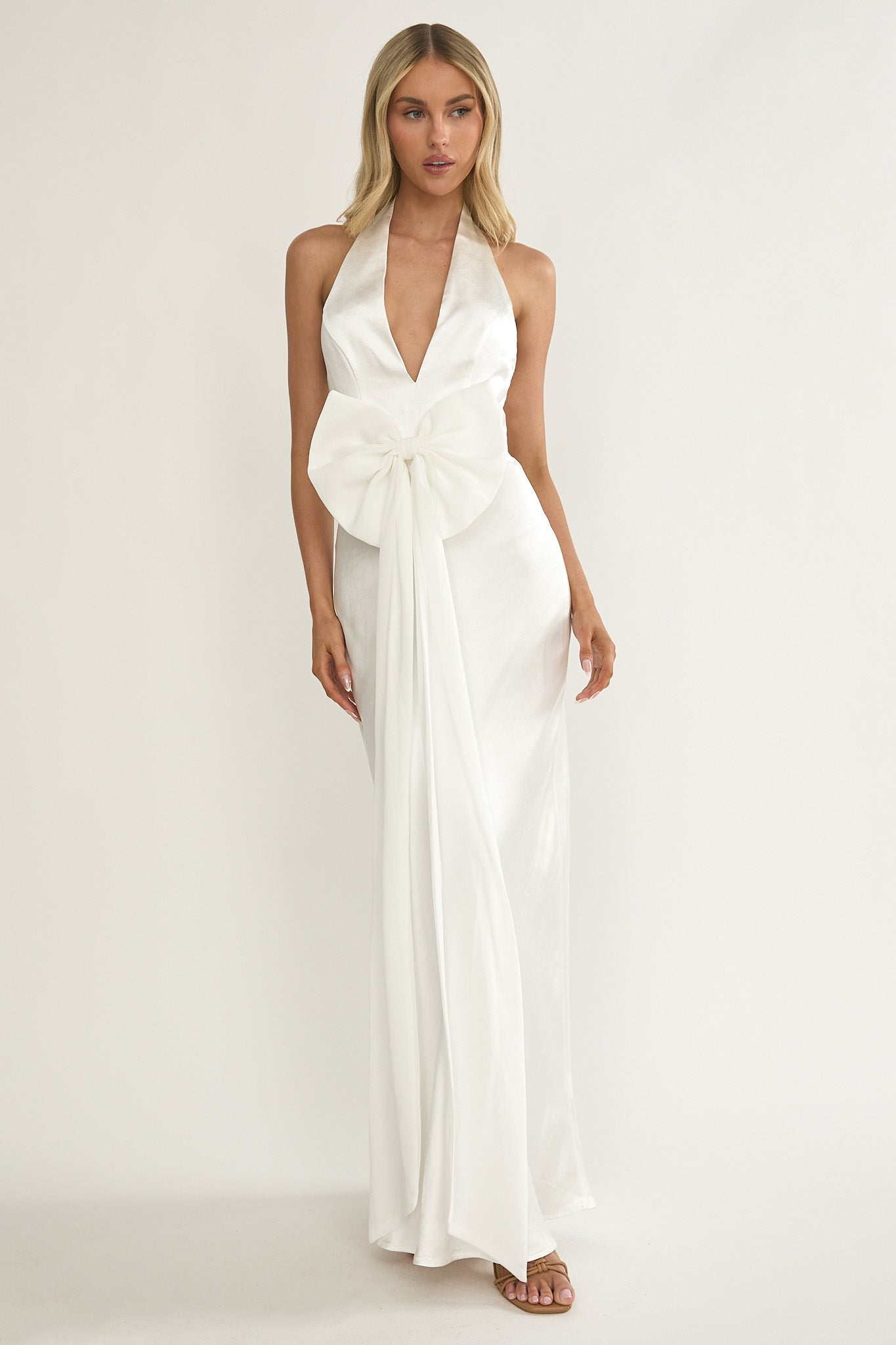 Ophelina Oversized Bow Halter Dress White-Maymioy