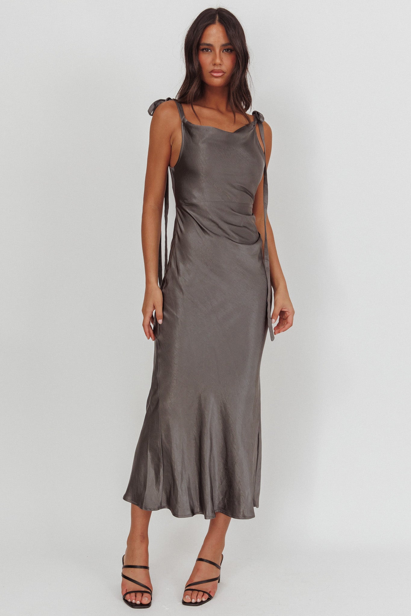 Glory Day Tied Shoulder Cowl Maxi Dress Charcoal-Maymioy