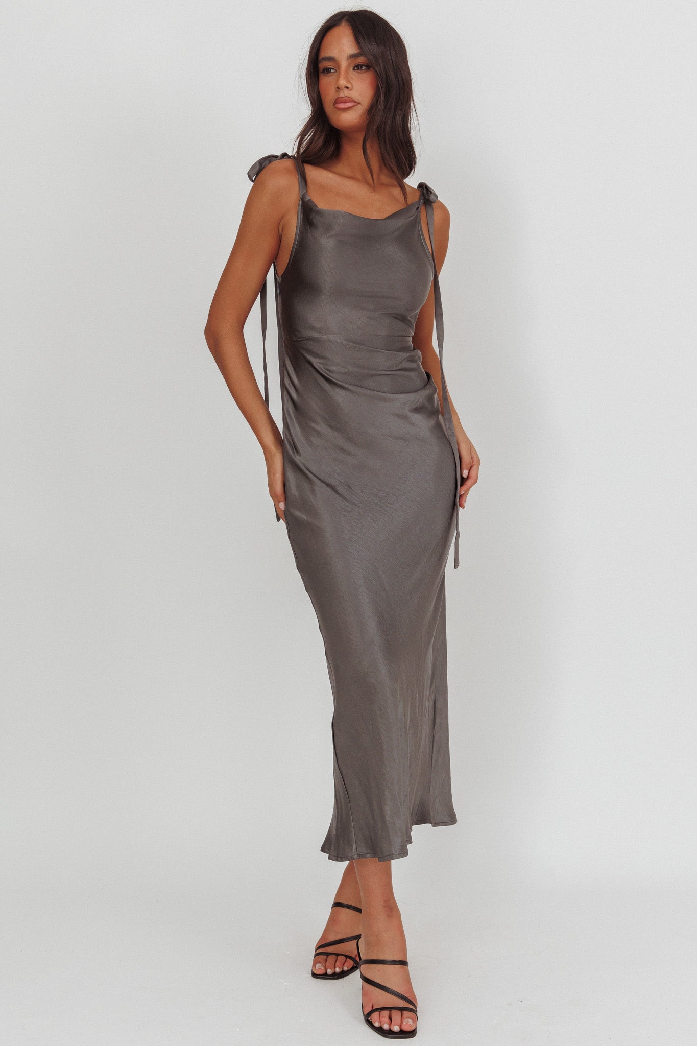 Glory Day Tied Shoulder Cowl Maxi Dress Charcoal-Maymioy