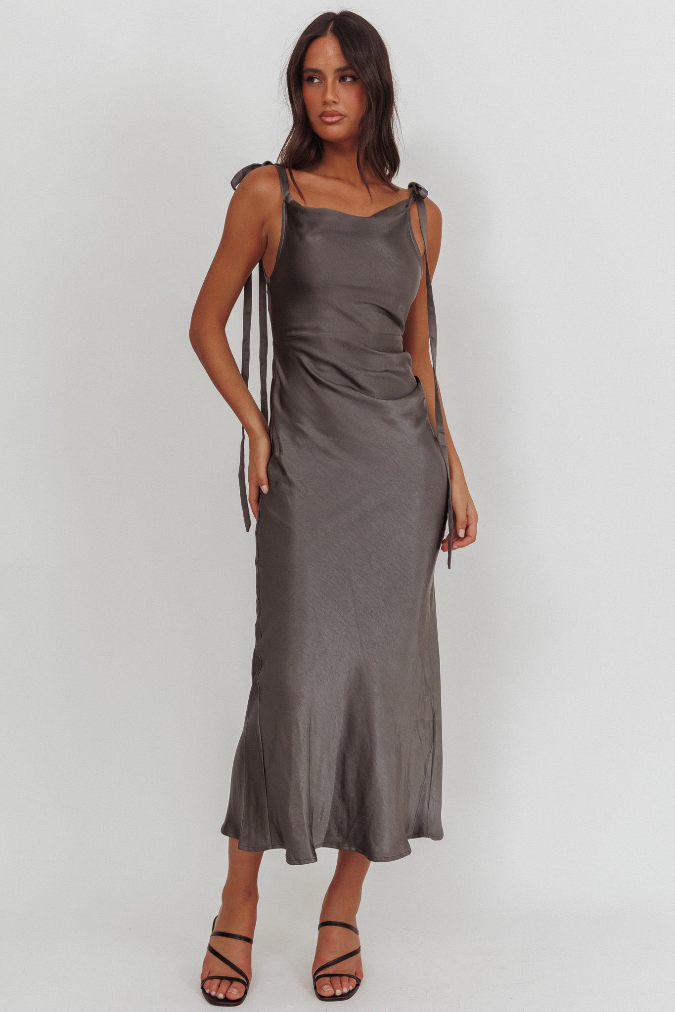 Glory Day Tied Shoulder Cowl Maxi Dress Charcoal-Maymioy