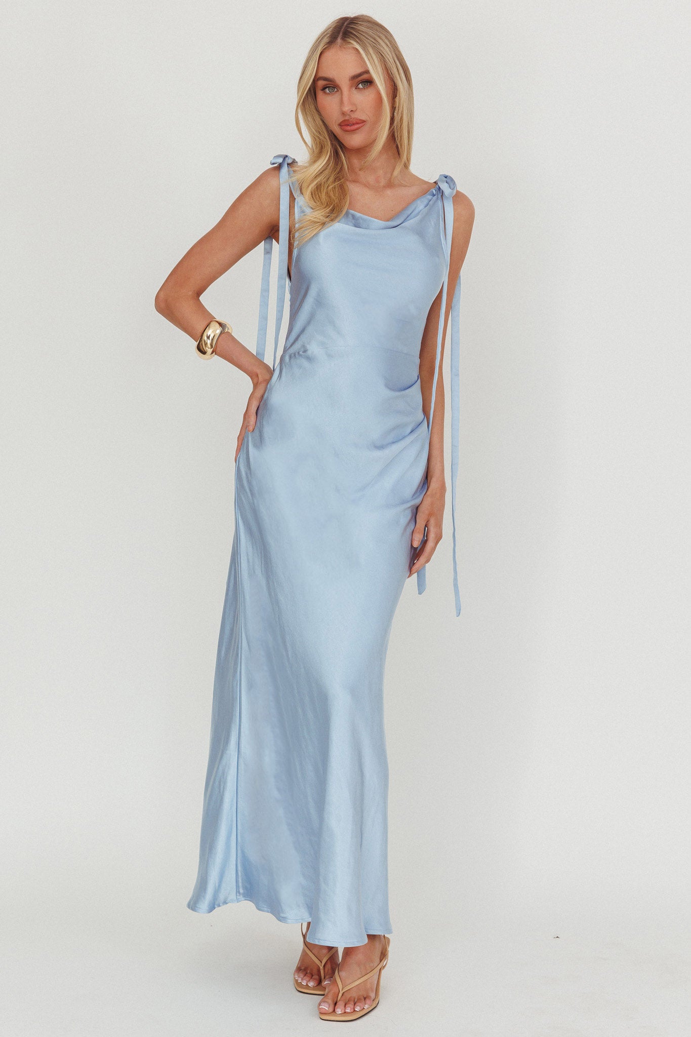 Glory Day Tied Shoulder Cowl Maxi Dress Ice Blue-Maymioy