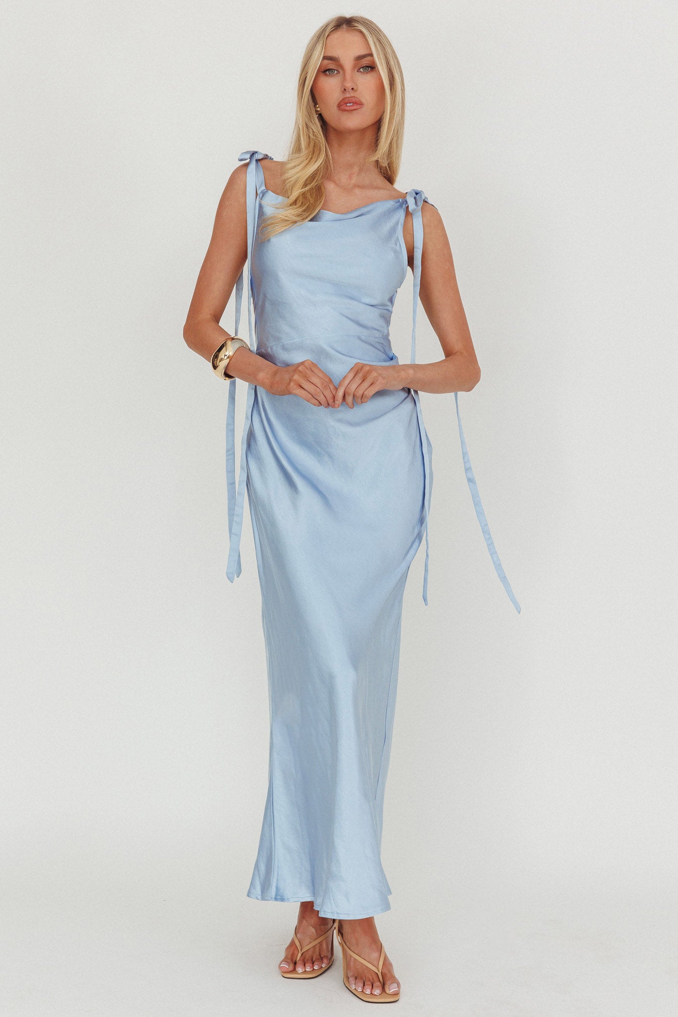 Glory Day Tied Shoulder Cowl Maxi Dress Ice Blue-Maymioy