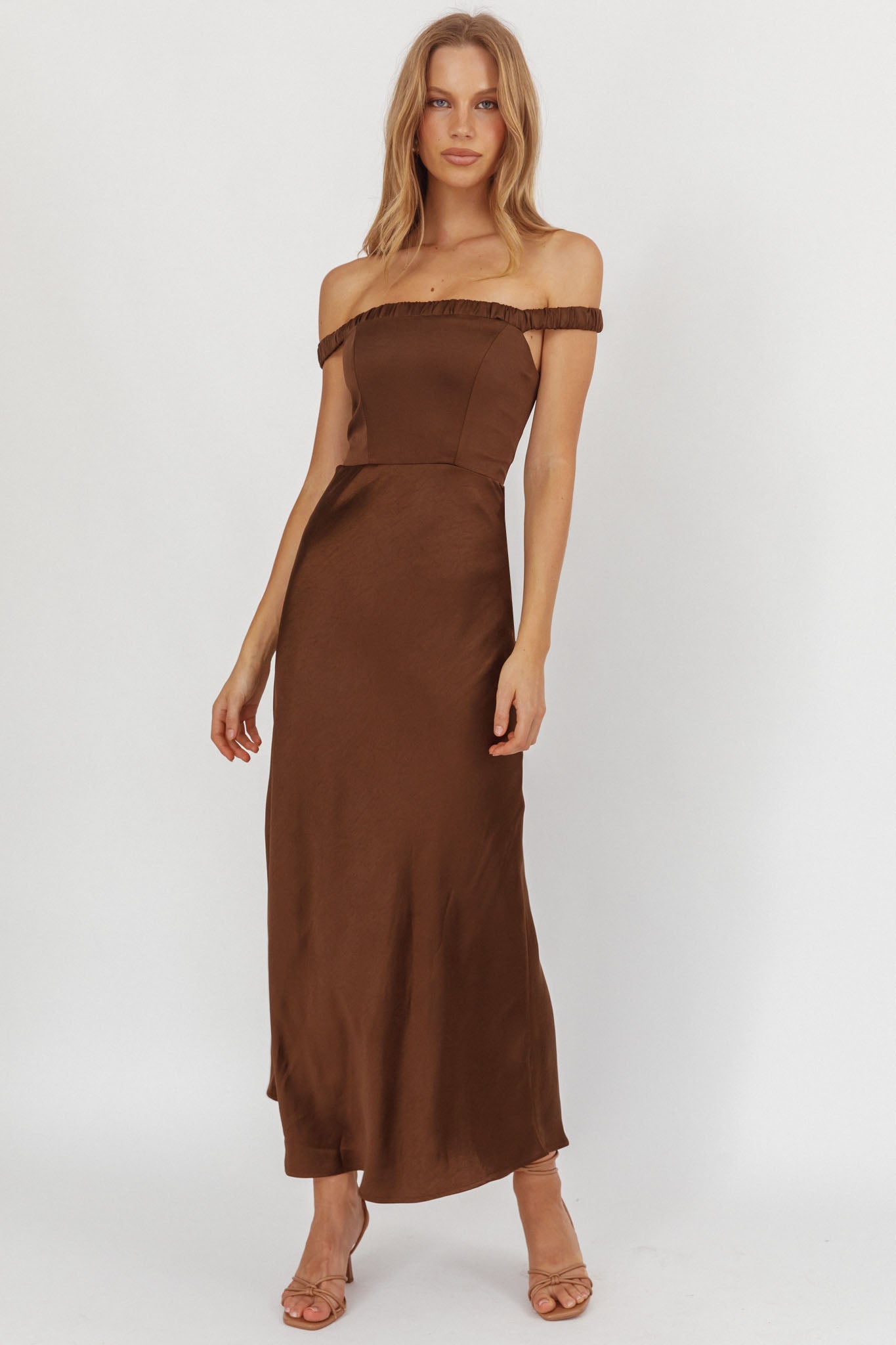 Cari Off-Shoulder Strap Maxi Dress Chocolate-Maymioy