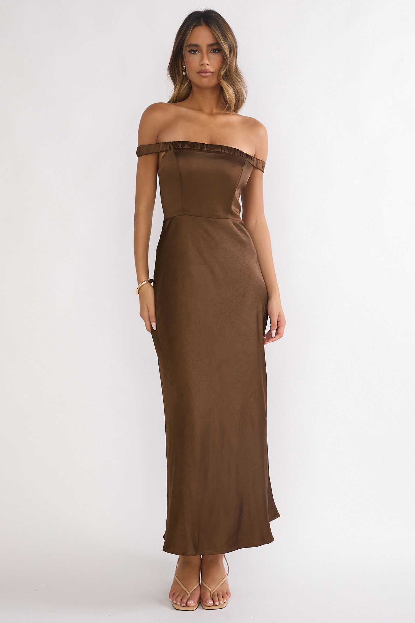 Cari Off-Shoulder Strap Maxi Dress Chocolate-Maymioy