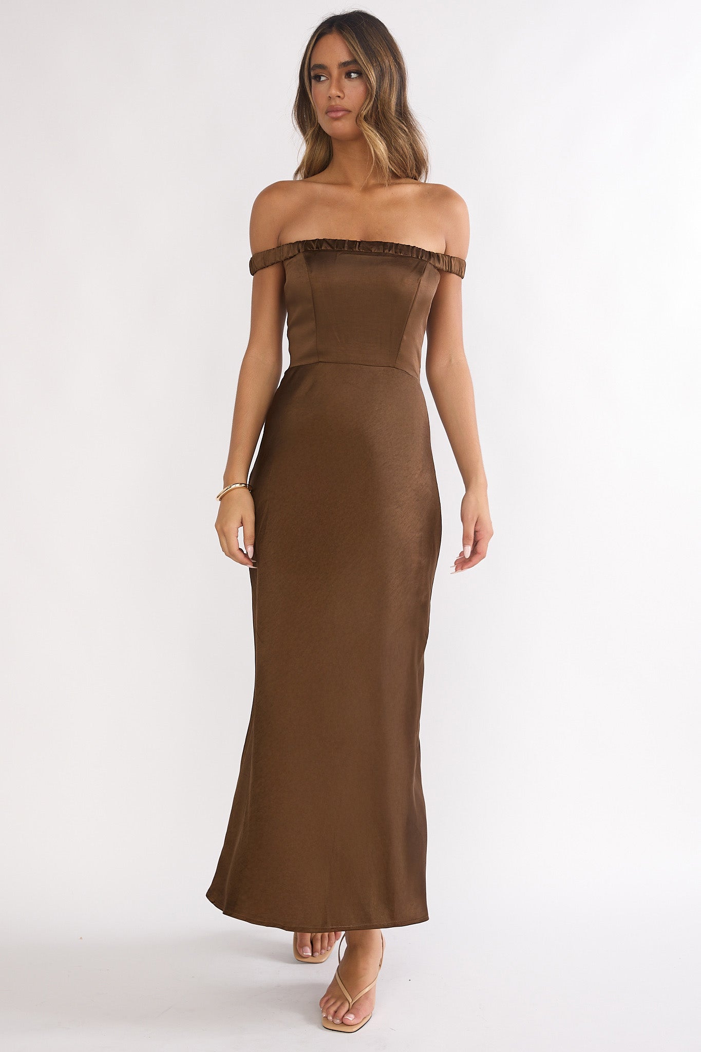 Cari Off-Shoulder Strap Maxi Dress Chocolate-Maymioy