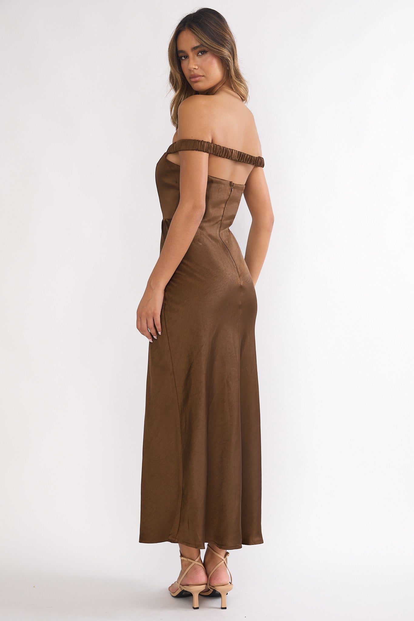 Cari Off-Shoulder Strap Maxi Dress Chocolate-Maymioy