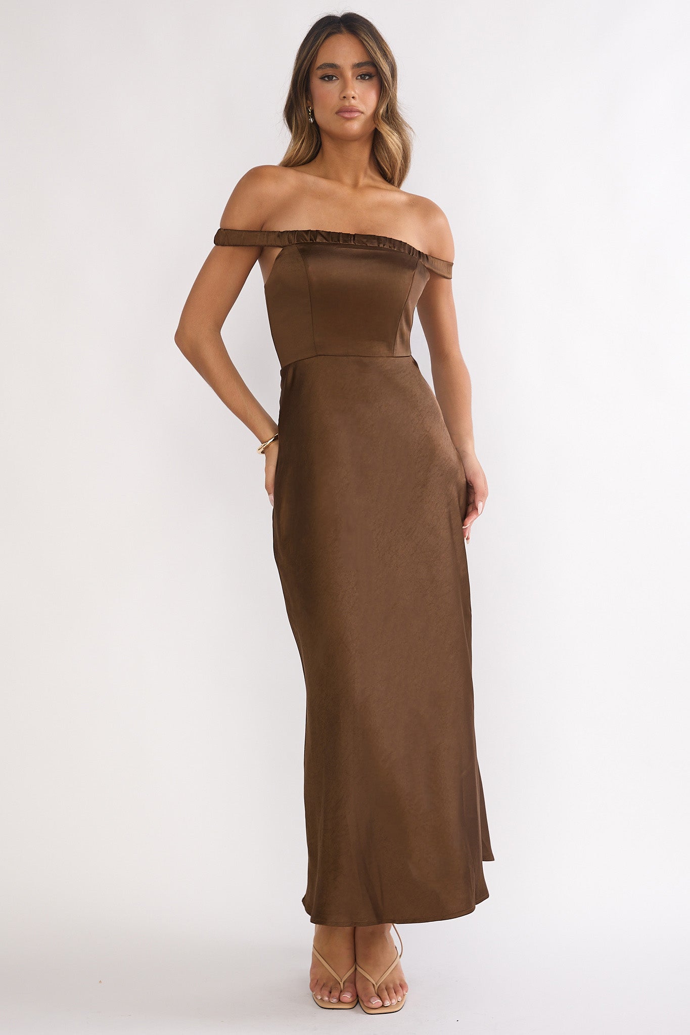 Cari Off-Shoulder Strap Maxi Dress Chocolate-Maymioy