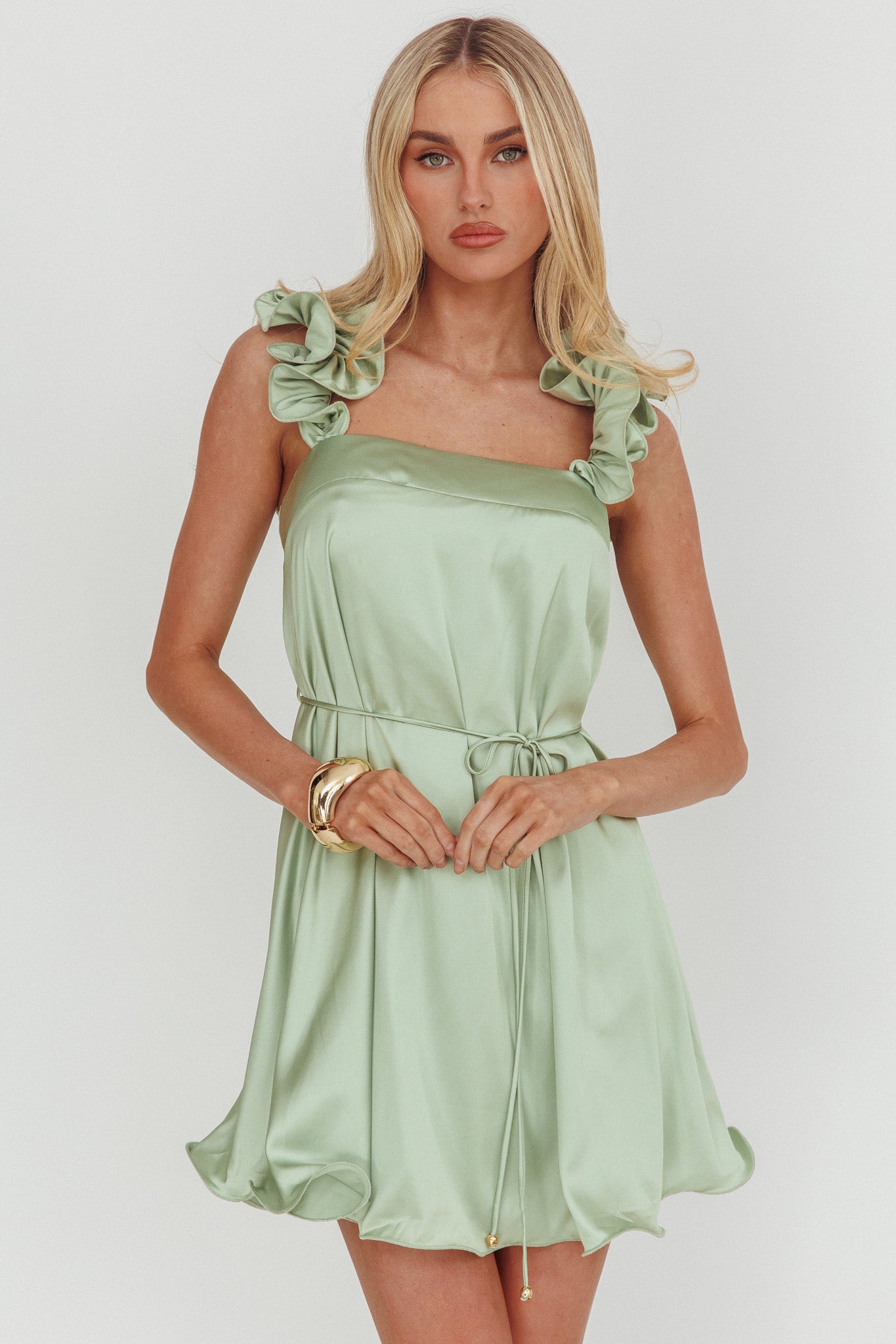Glow Lettuce Edge Strap Mini Dress Pistachio-Maymioy