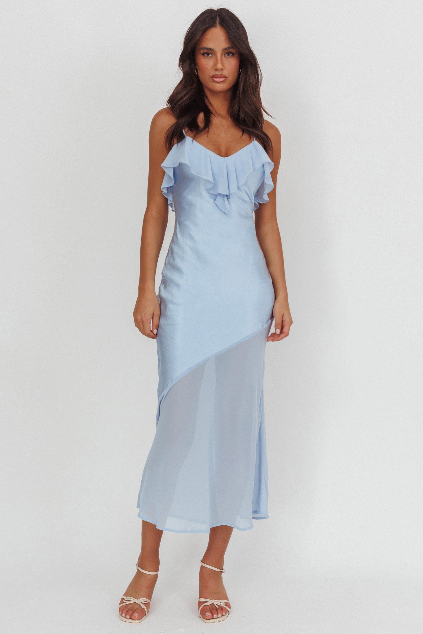Talula Sheer Hem Ruffle Midi Dress Blue-Maymioy