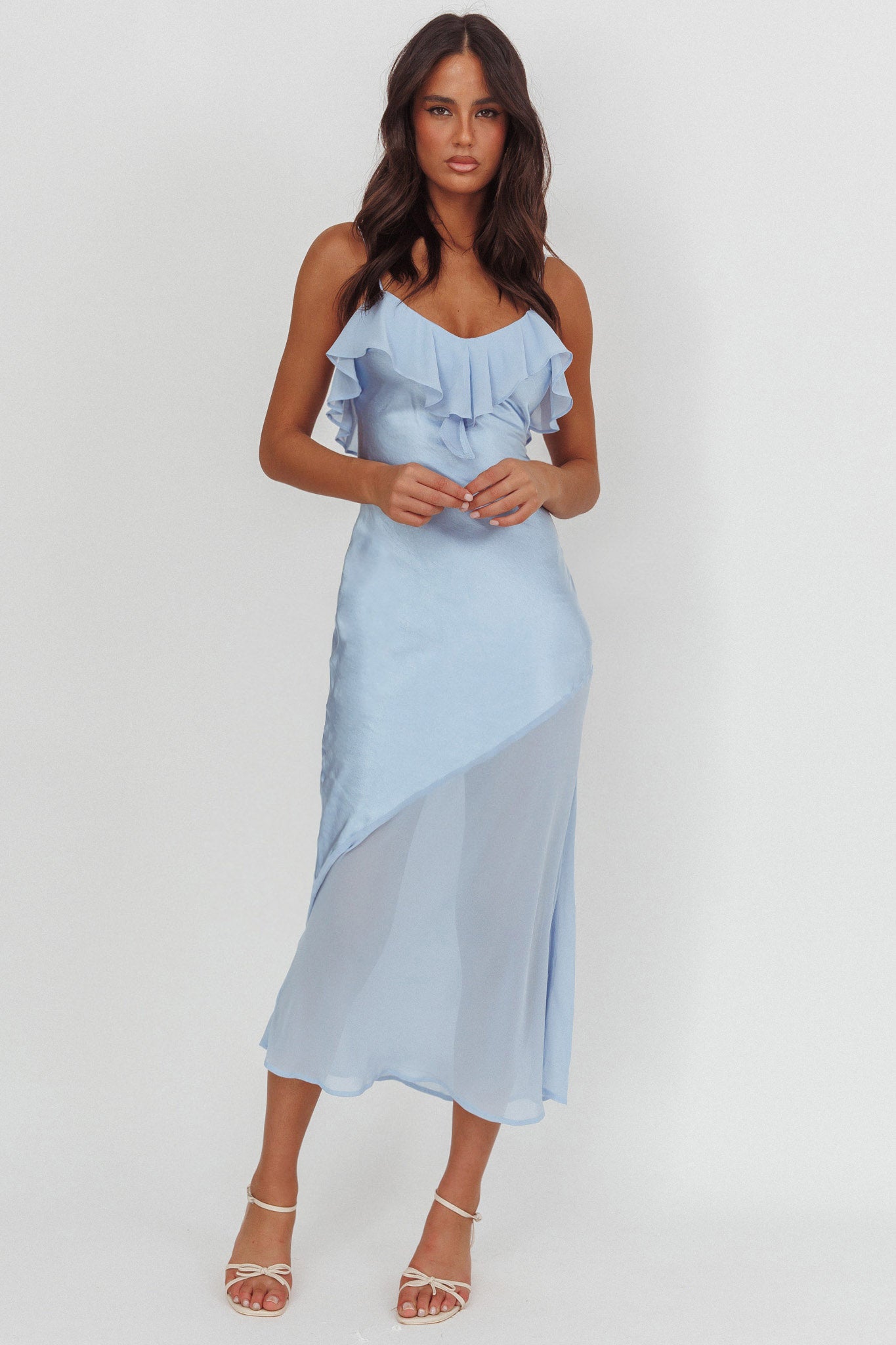 Talula Sheer Hem Ruffle Midi Dress Blue-Maymioy
