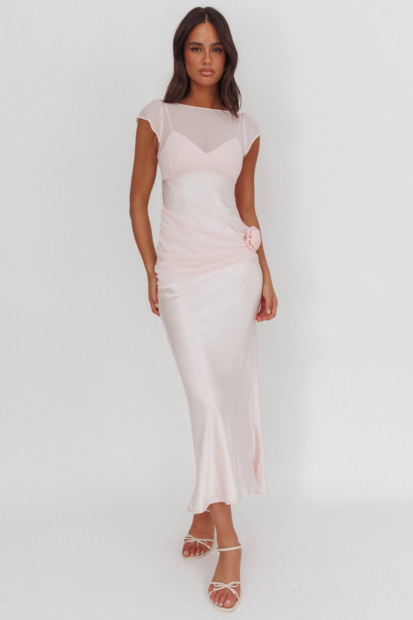 Enchanted Dusk Cap Sleeve Rosette Maxi Dress Pink-Maymioy