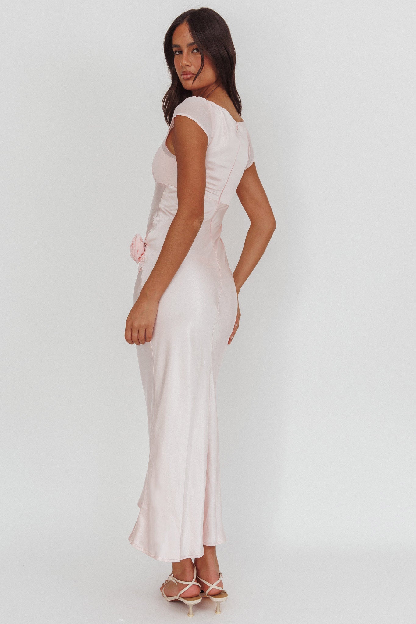Enchanted Dusk Cap Sleeve Rosette Maxi Dress Pink-Maymioy