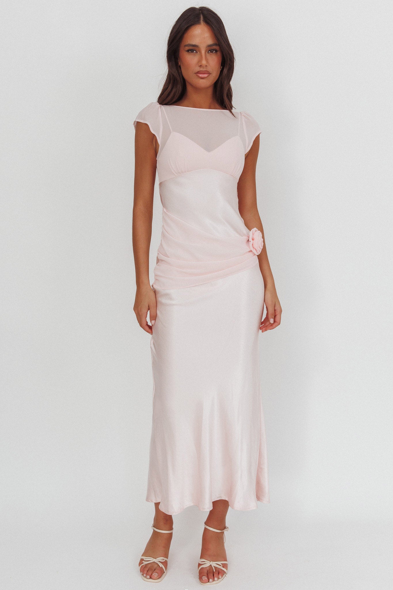 Enchanted Dusk Cap Sleeve Rosette Maxi Dress Pink-Maymioy
