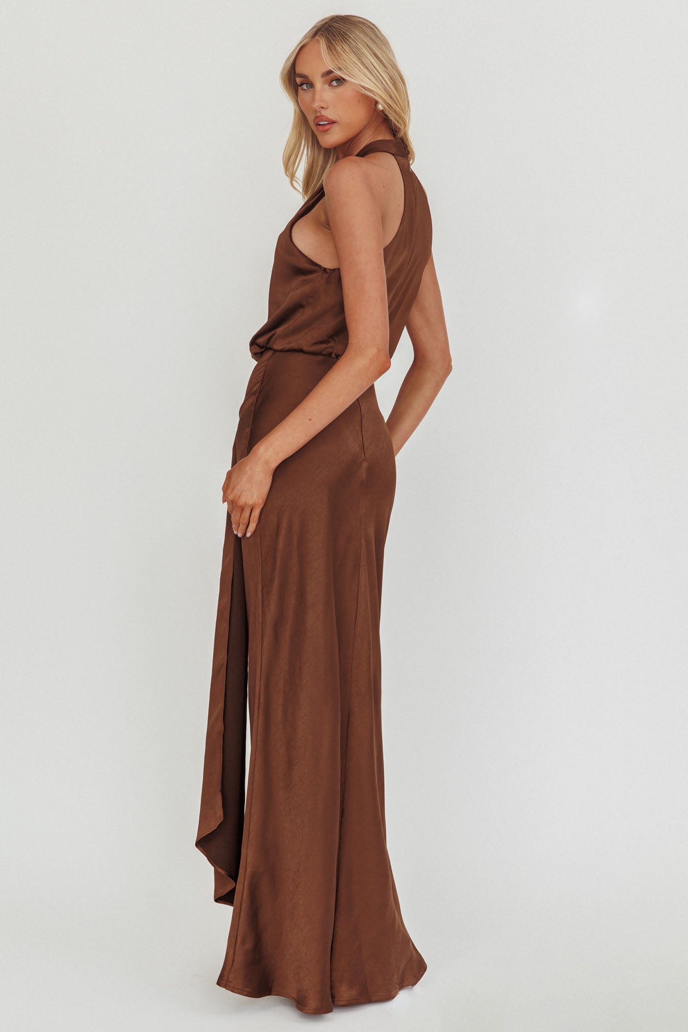 Linette Halterneck Draped Sash Maxi Dress Chocolate-Maymioy