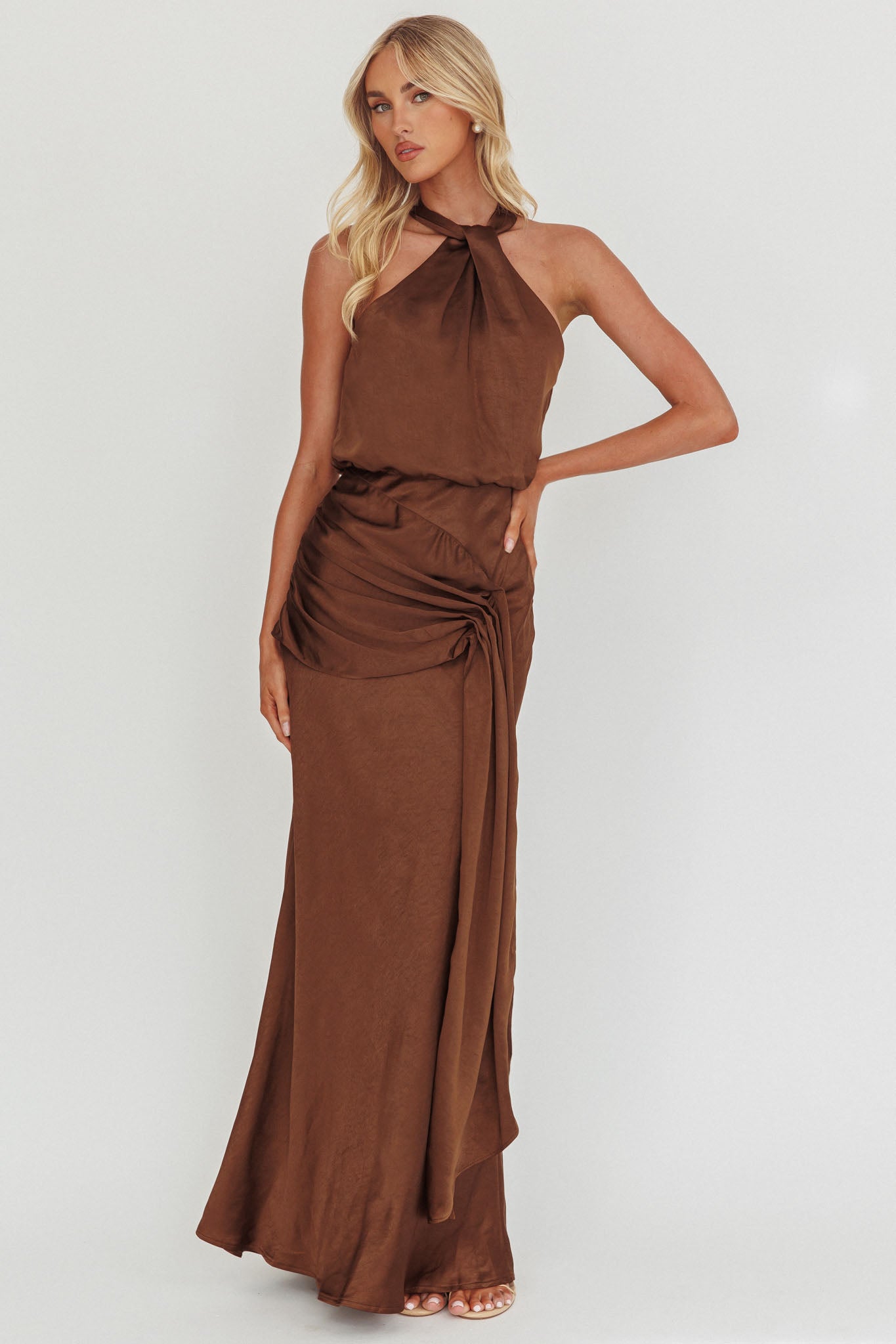 Linette Halterneck Draped Sash Maxi Dress Chocolate-Maymioy