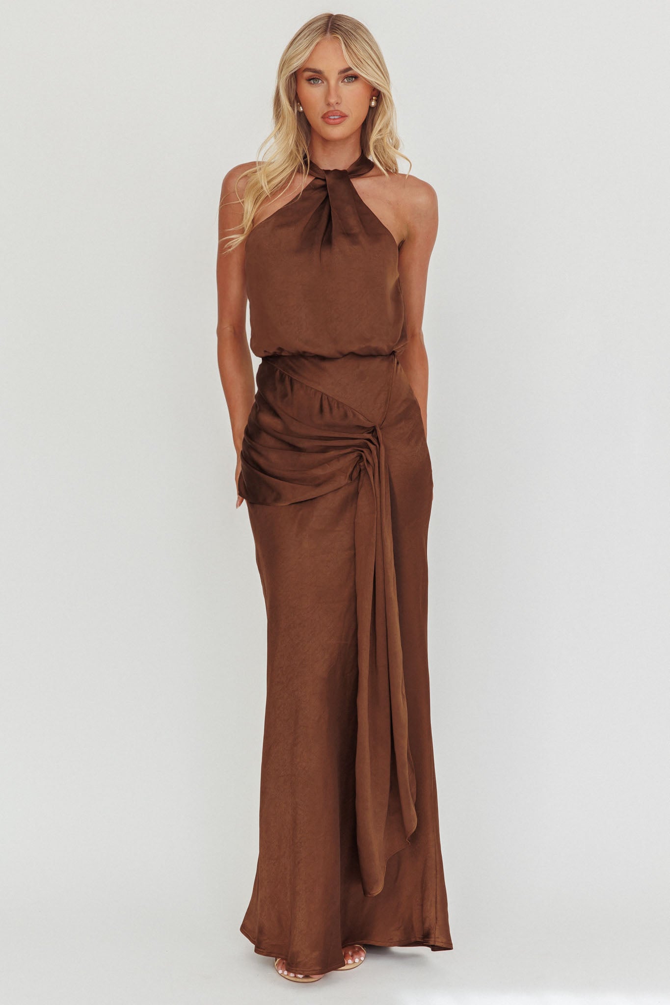 Linette Halterneck Draped Sash Maxi Dress Chocolate-Maymioy