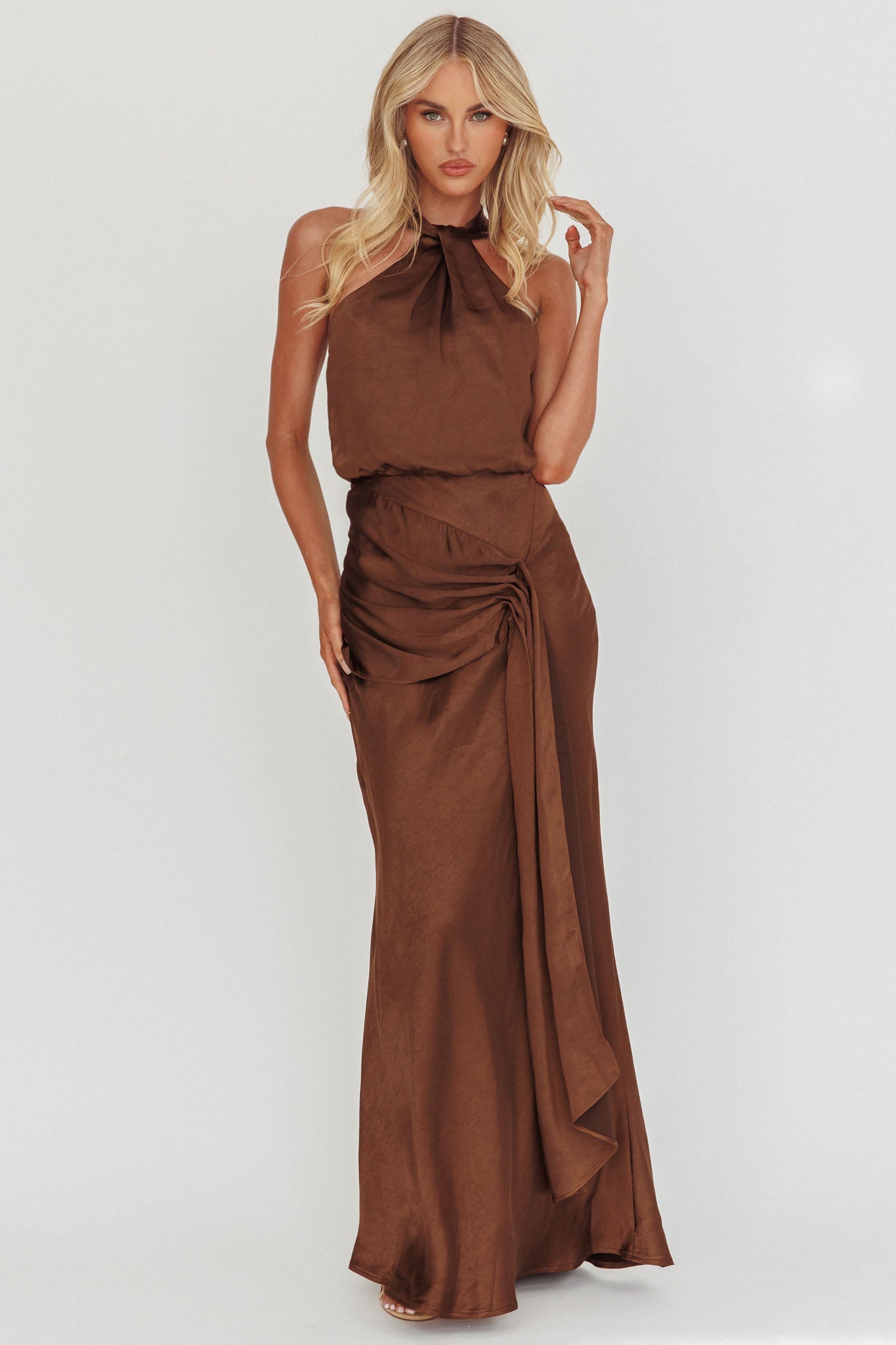 Linette Halterneck Draped Sash Maxi Dress Chocolate-Maymioy