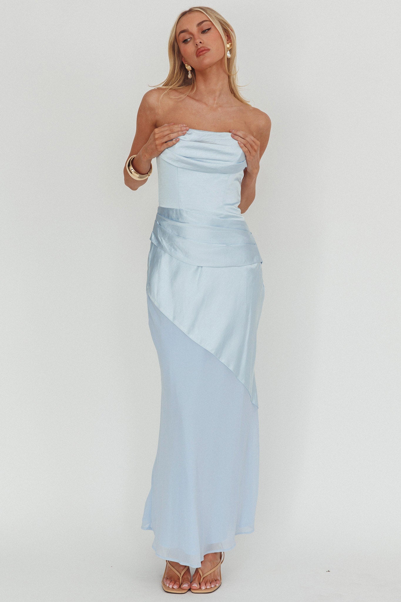 Moon Aura Pleat Detail Strapless Maxi Dress Blue-Maymioy