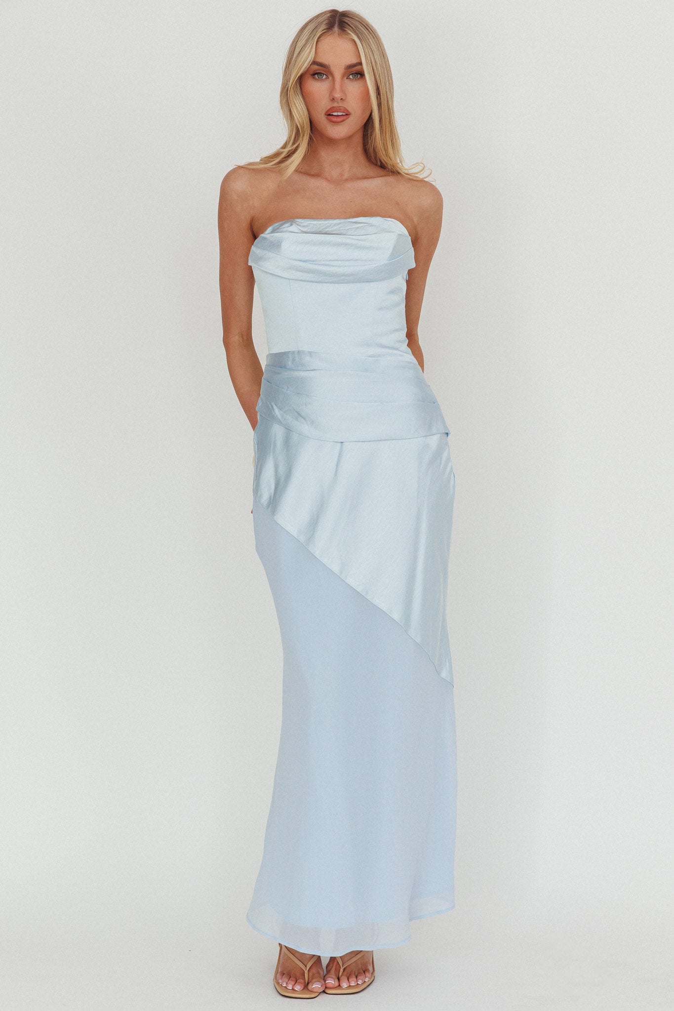 Moon Aura Pleat Detail Strapless Maxi Dress Blue-Maymioy